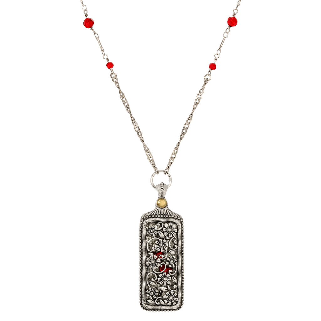 1928 Jewelry Pewter Floral Swinging Cover with Red Hearts Pendant Necklace 30"