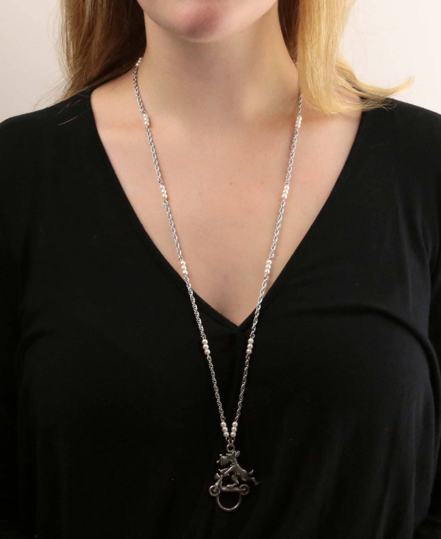 1928 Jewelry Dog On Scooter With Faux Pearl Badge & Eyeglass Holder Chain Necklace 30"