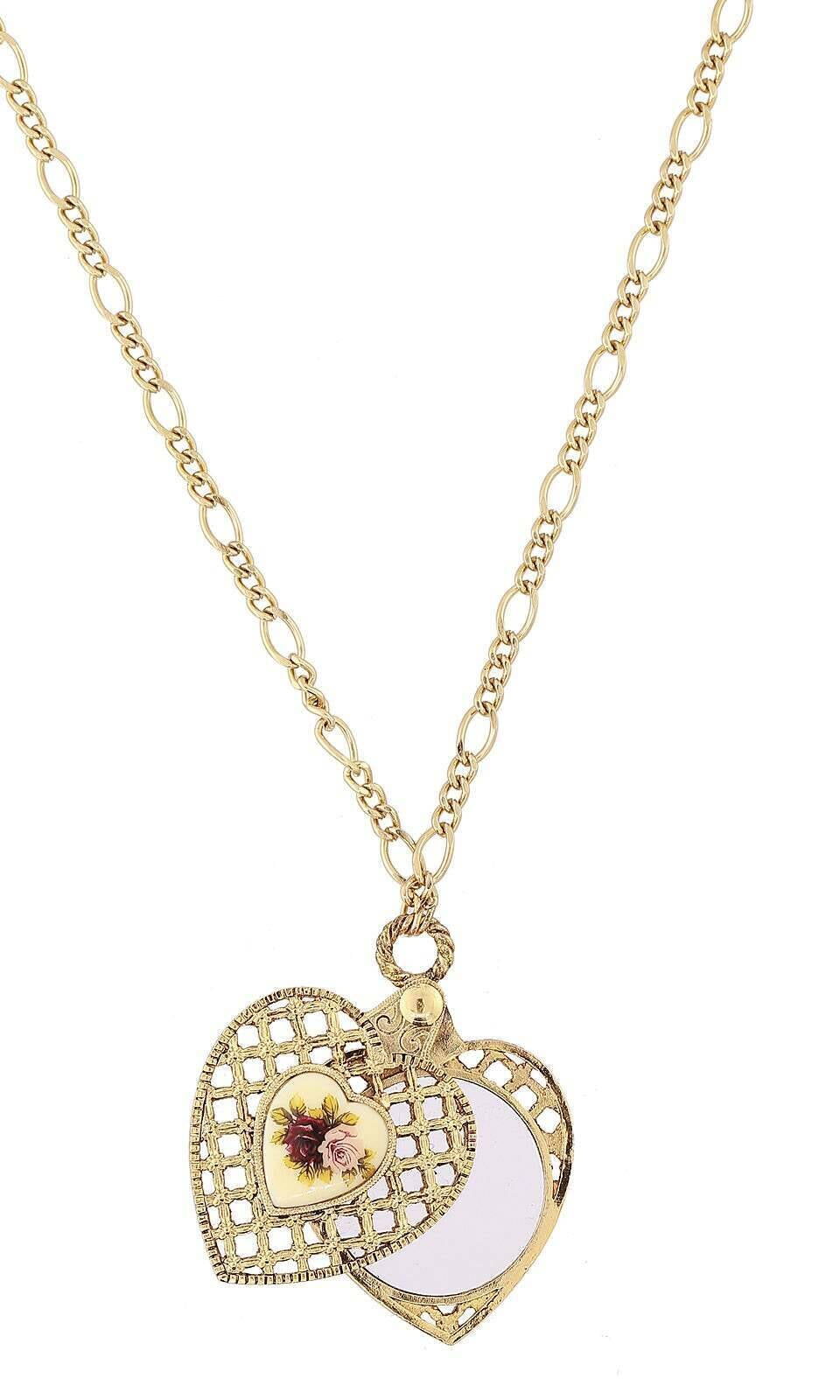 1928 Jewelry Manor House Pink & Purple Rose Heart Mirror Pendant Necklace 30"