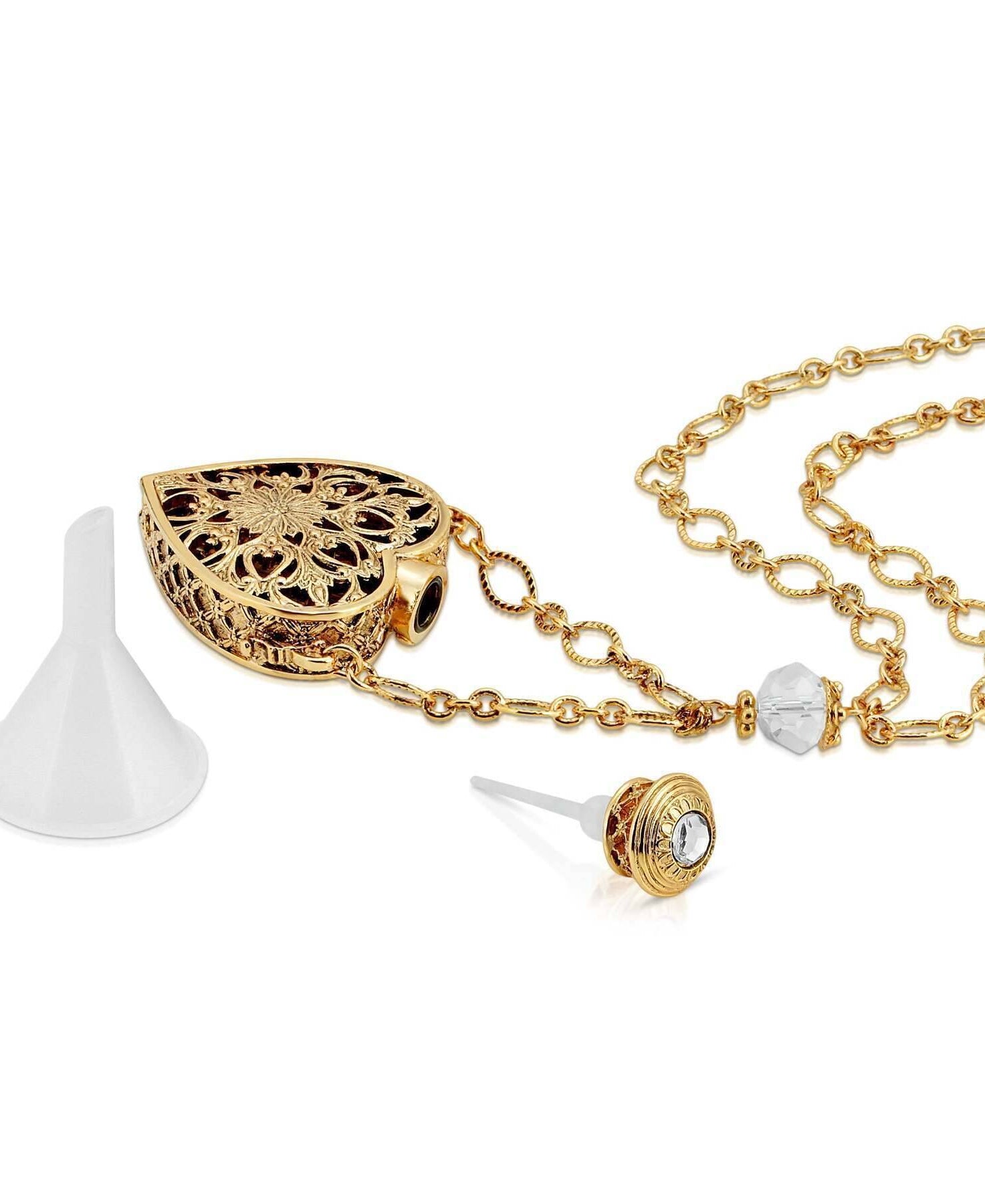 1928 Jewelry Filigree Heart Crystal Accent Glass Vial Necklace 30"