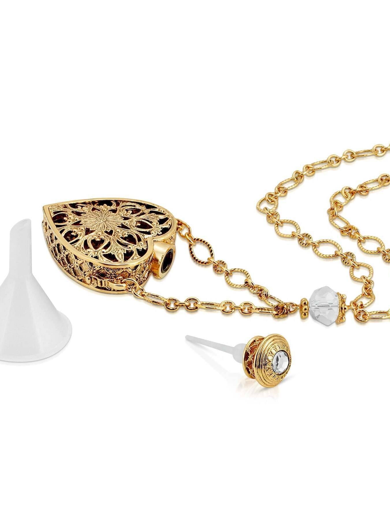 1928 Jewelry Filigree Heart Crystal Accent Glass Vial Necklace 30"