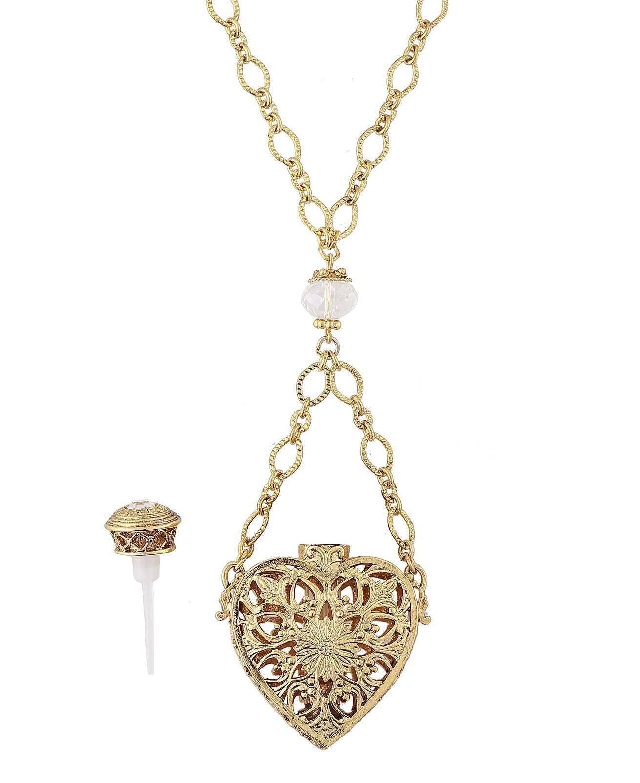 1928 Jewelry Filigree Heart Crystal Accent Glass Vial Necklace 30"
