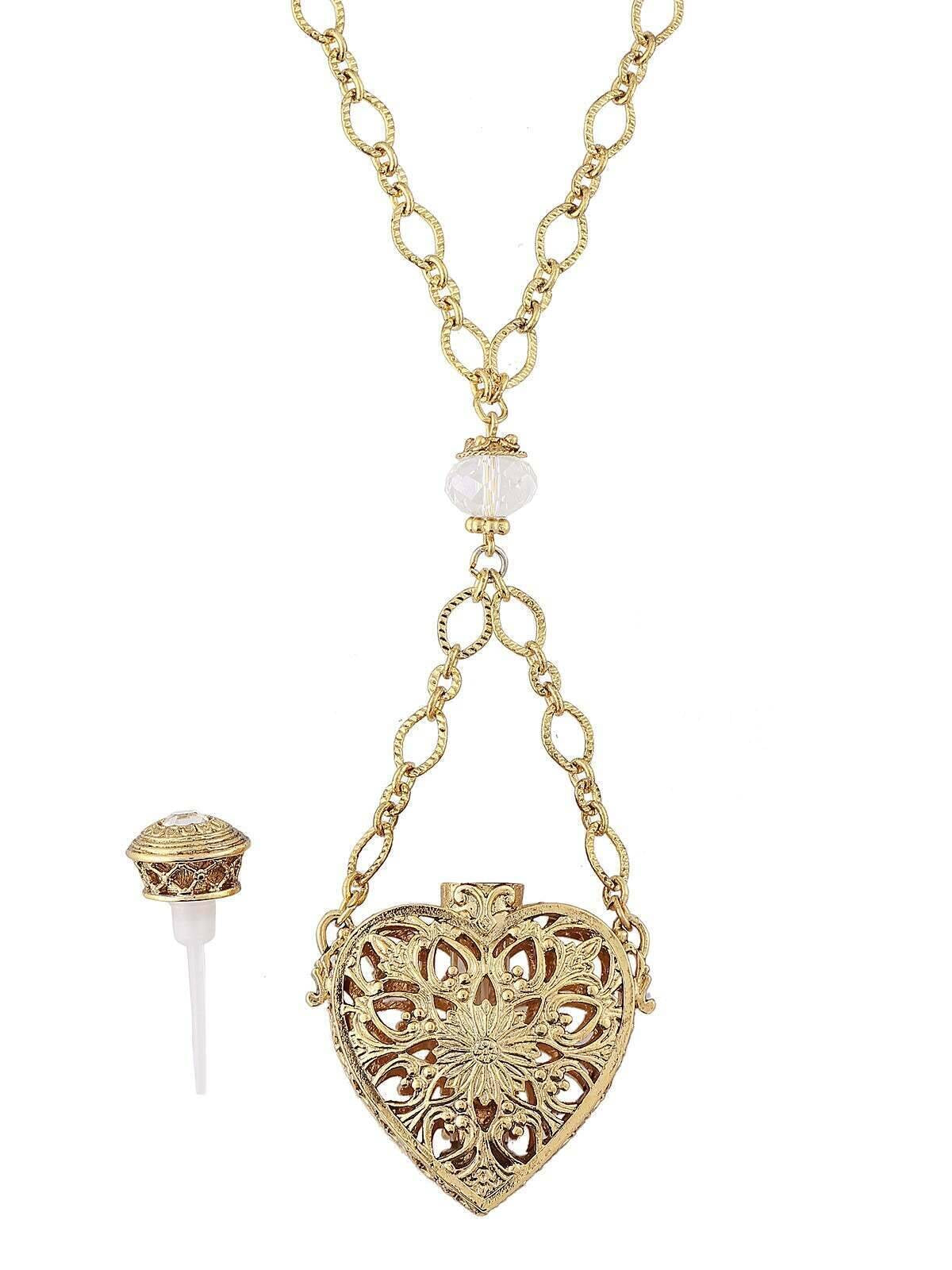 1928 Jewelry Filigree Heart Crystal Accent Glass Vial Necklace 30"