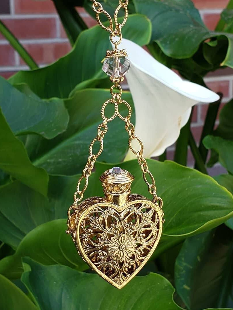 1928 Jewelry Filigree Heart Crystal Accent Glass Vial Necklace 30"