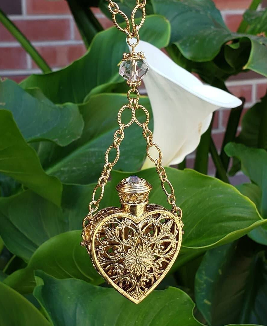 1928 Jewelry Filigree Heart Crystal Accent Glass Vial Necklace 30"