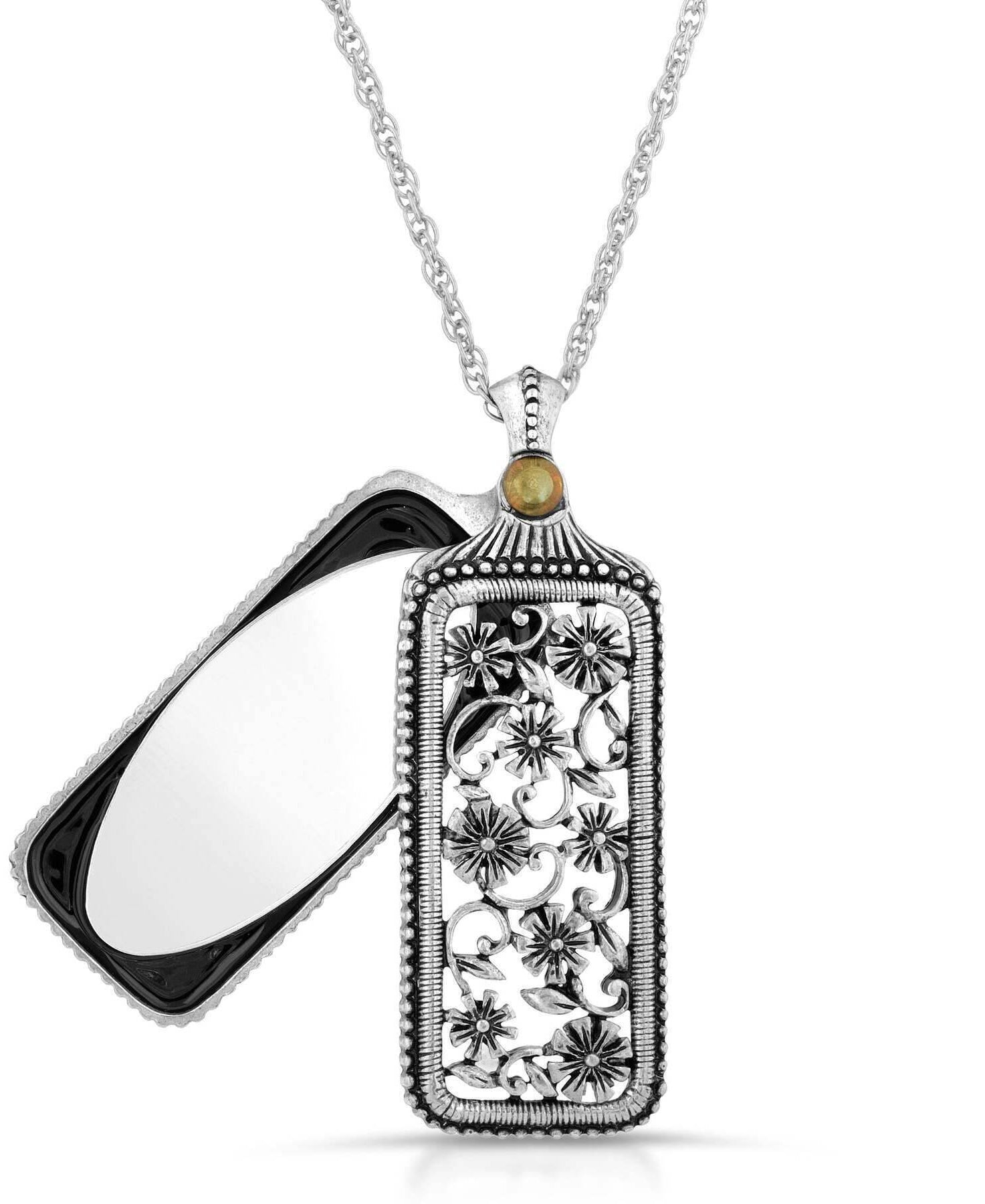 1928 Jewelry Pewter Flower Filigree Mirror Pendant Necklace 30"