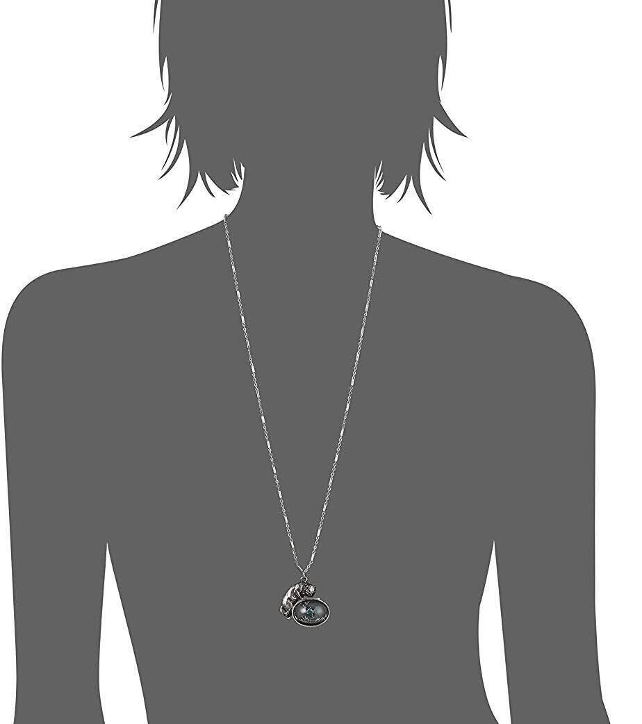 1928 Jewelry Whimsical Cat & Blue and Green Fish Pendant Necklace 30"