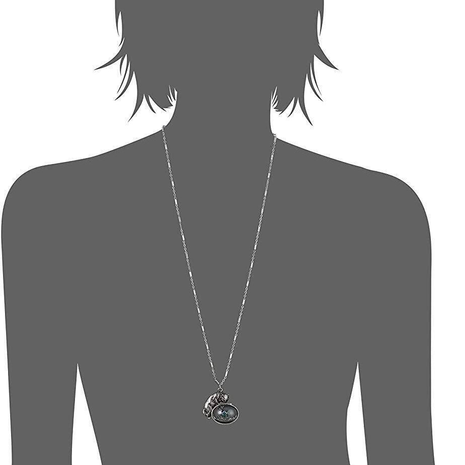 1928 Jewelry Whimsical Cat & Blue and Green Fish Pendant Necklace 30"