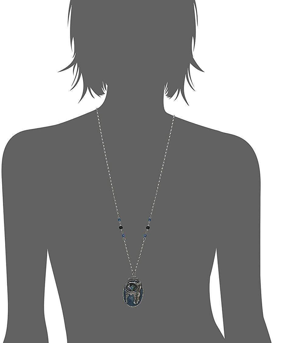 1928 Jewelry Pesky Cat & Fish Blue Enamel Pendant Necklace 30"