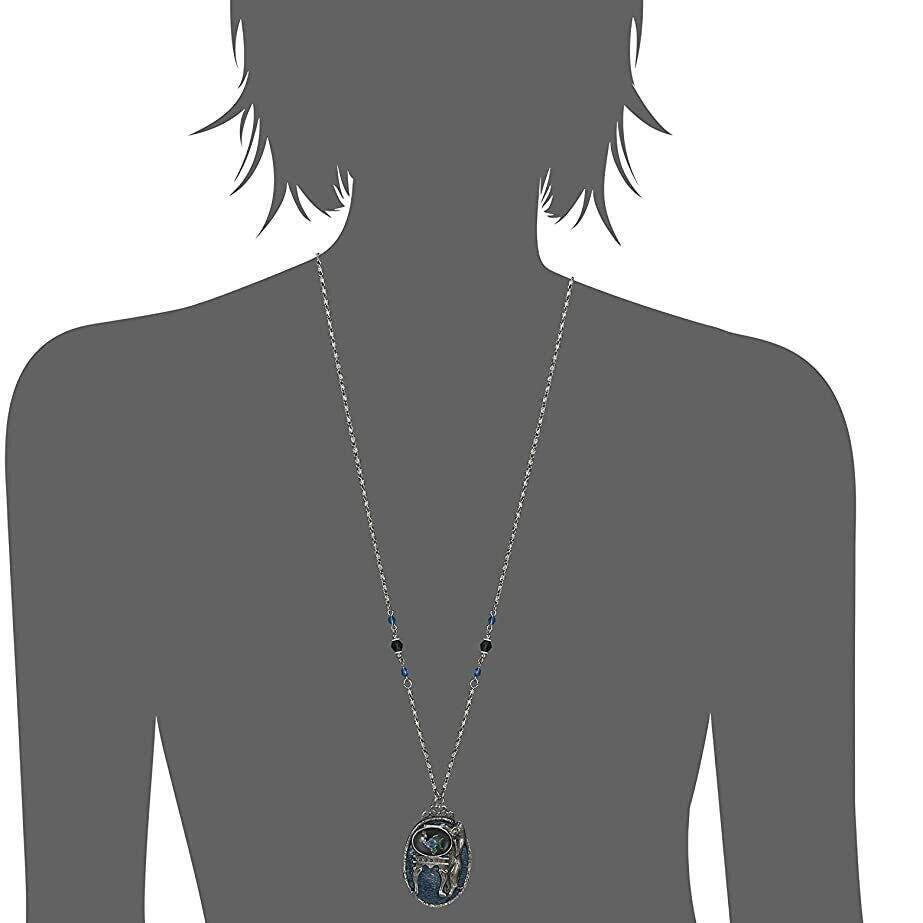 1928 Jewelry Pesky Cat & Fish Blue Enamel Pendant Necklace 30"