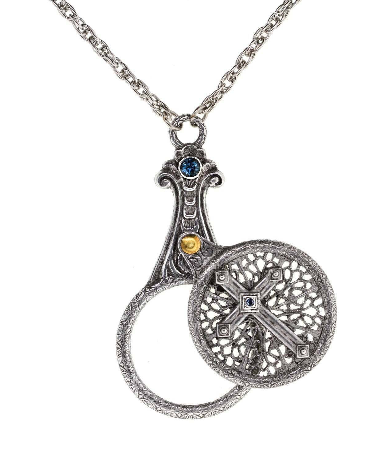 1928 Jewelry Medi Cross Filigree Sliding Magnifying Glass Crystal Necklace 30" - Magnification Power: 2X