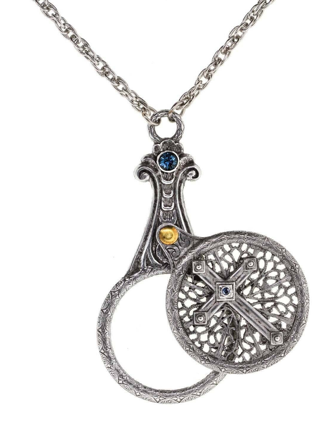 1928 Jewelry Medi Cross Filigree Sliding Magnifying Glass Crystal Necklace 30" - Magnification Power: 2X