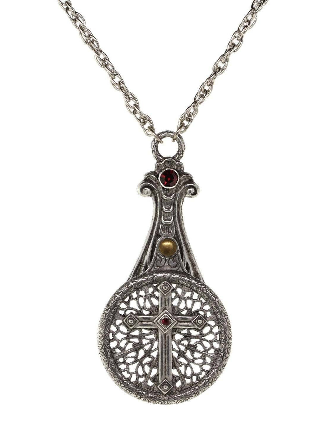 1928 Jewelry Medi Cross Filigree Sliding Magnifying Glass Crystal Necklace 30" - Magnification Power: 2X