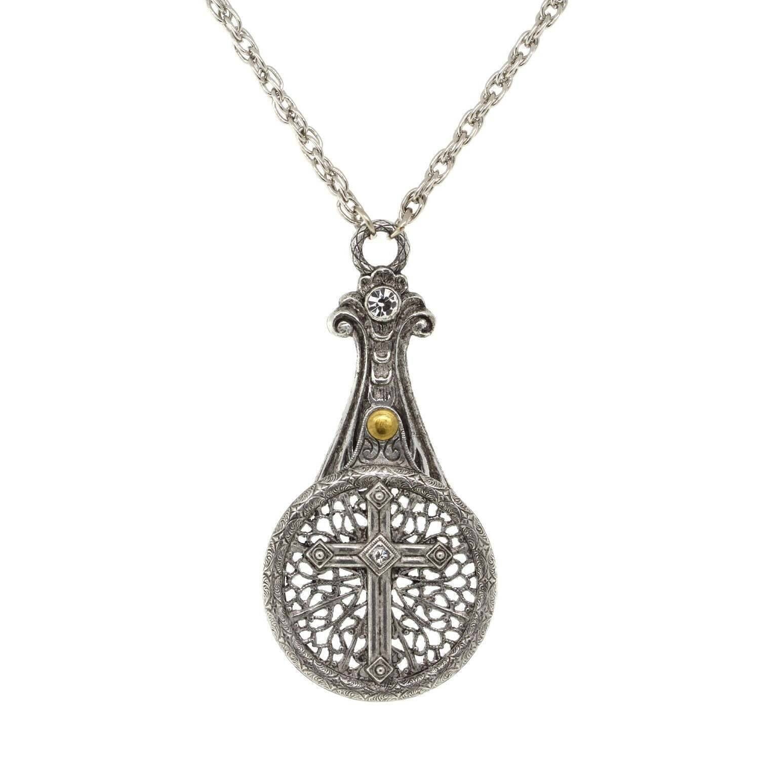 1928 Jewelry Medi Cross Filigree Sliding Magnifying Glass Crystal Necklace 30" - Magnification Power: 2X