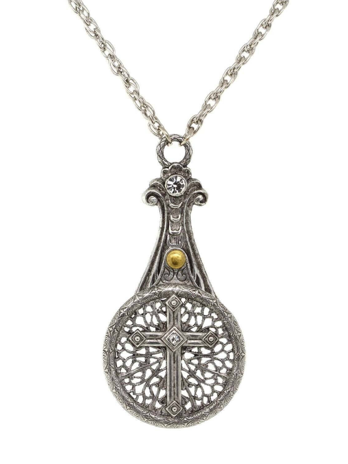 1928 Jewelry Medi Cross Filigree Sliding Magnifying Glass Crystal Necklace 30" - Magnification Power: 2X