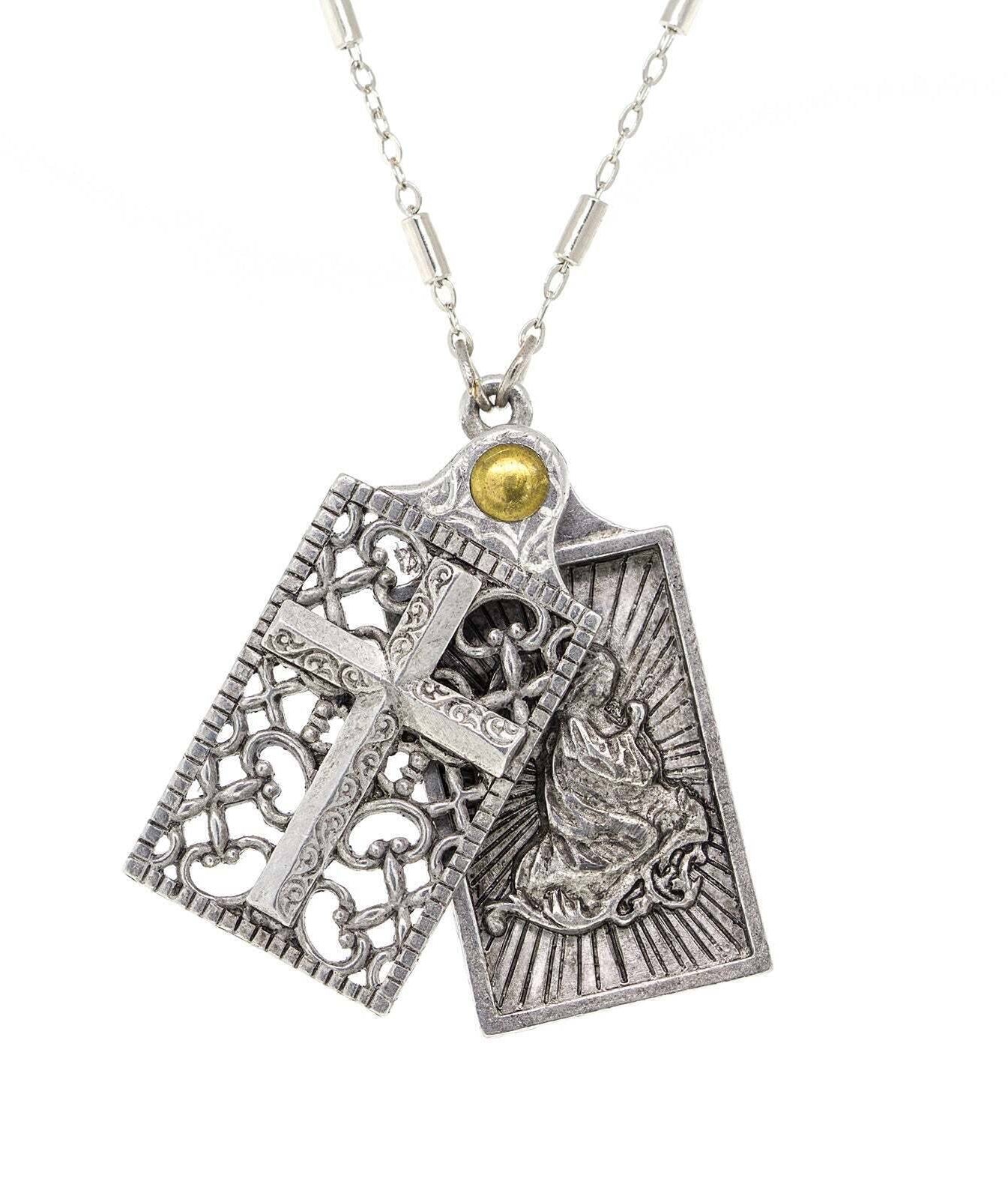 Symbols Of Faith Rectangular Cross and Angel Slide Locket Necklace 28"