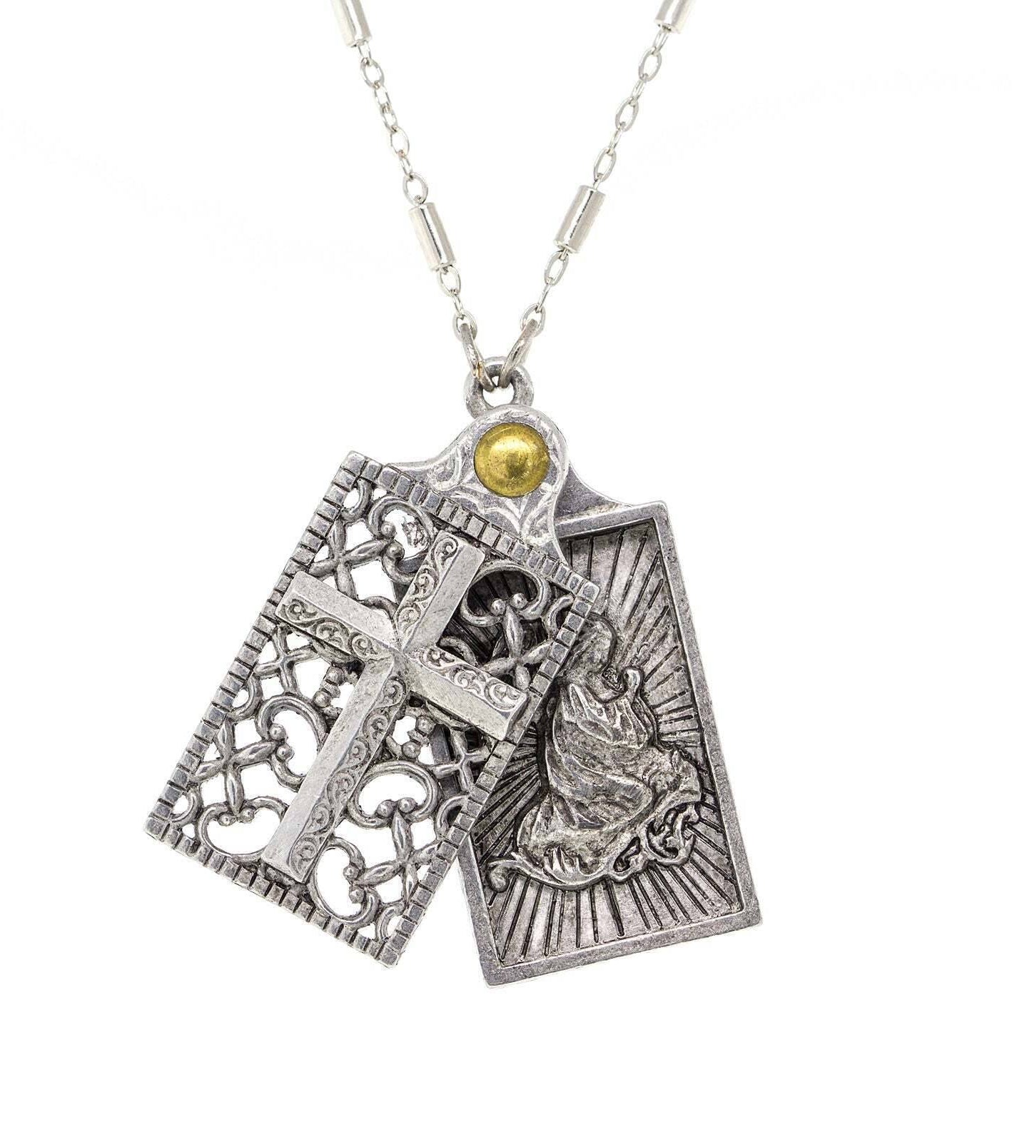 Symbols Of Faith Rectangular Cross and Angel Slide Locket Necklace 28"