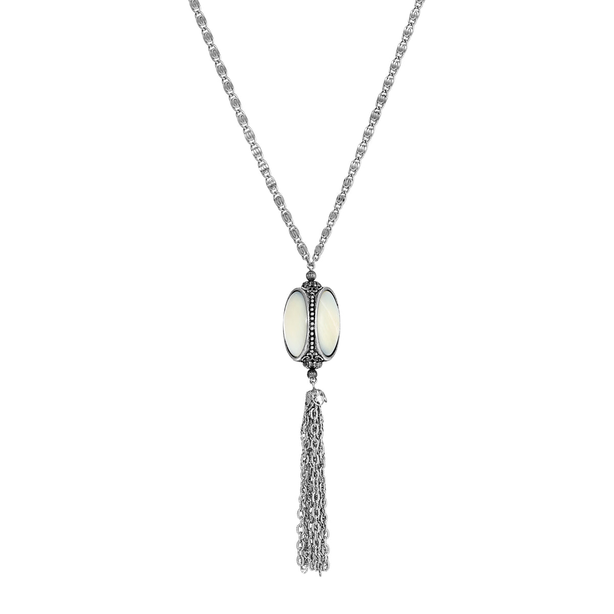 3 Sided Oval Mother of Pearl Stone Spinner Pendant Tassel Necklace 30"