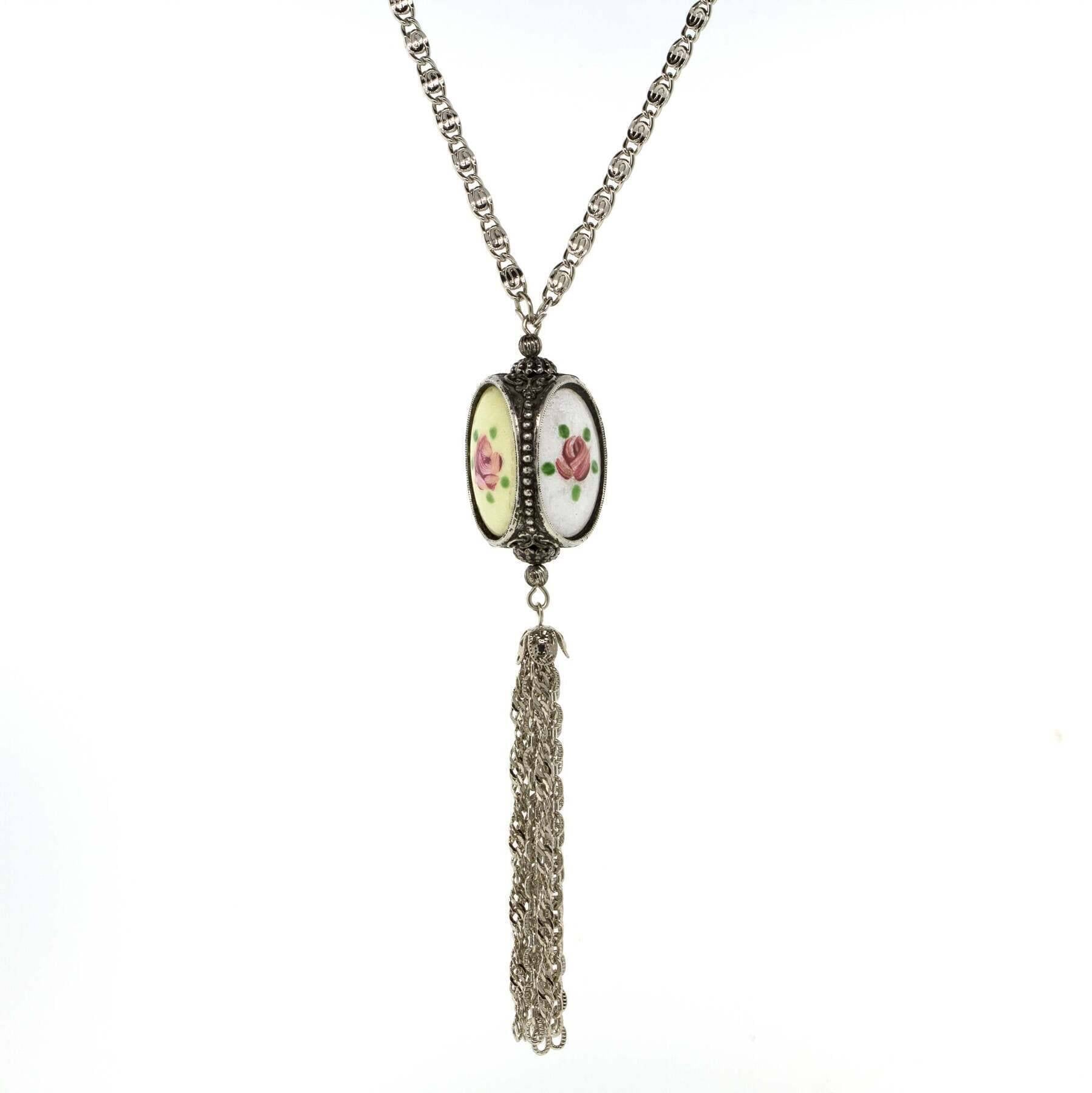 1928 Jewelry Pewter Costume Mother Of Pearl 3 Sided Spinner Tassel Necklace 30"