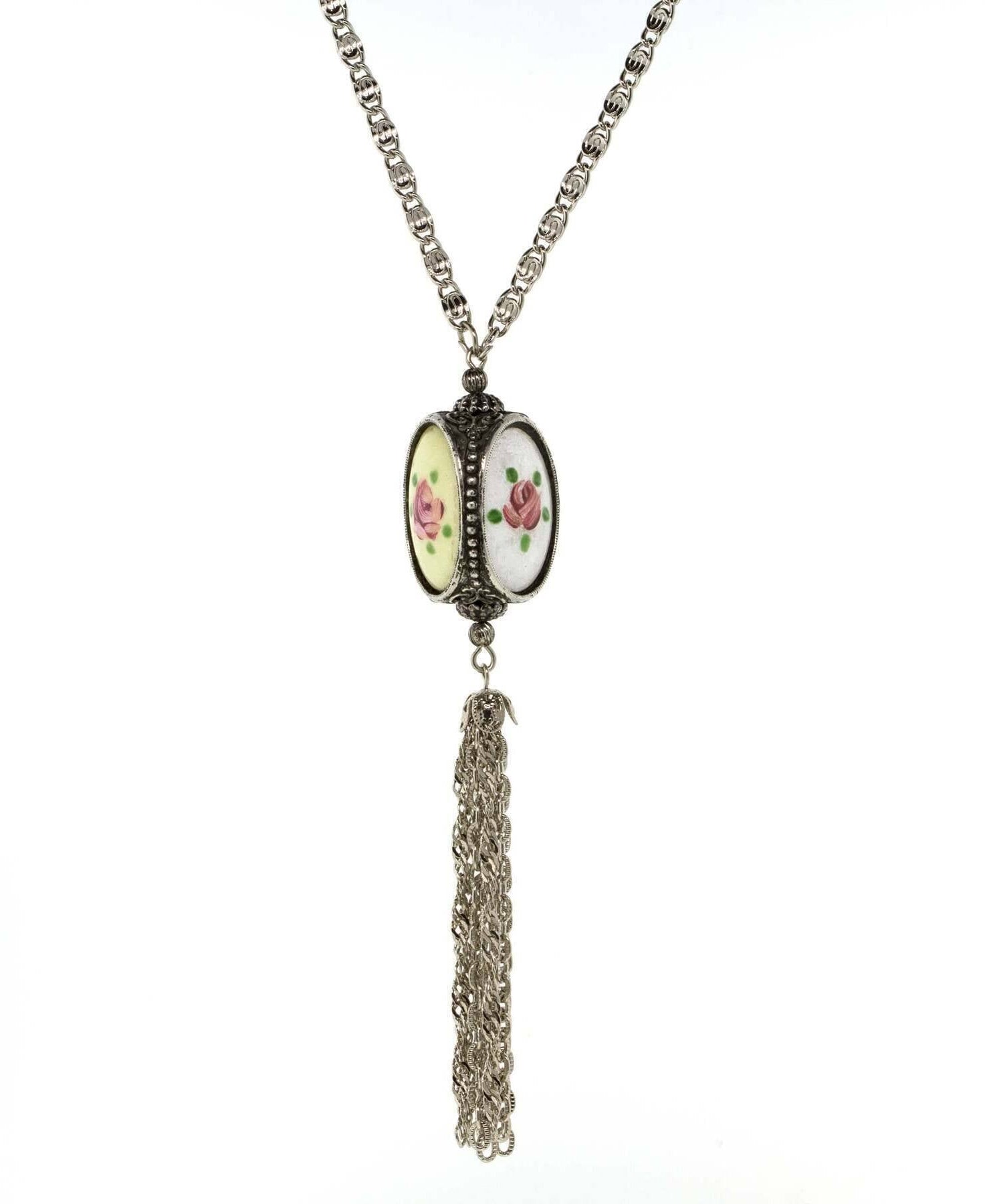 1928 Jewelry Pewter Costume Mother Of Pearl 3 Sided Spinner Tassel Necklace 30"