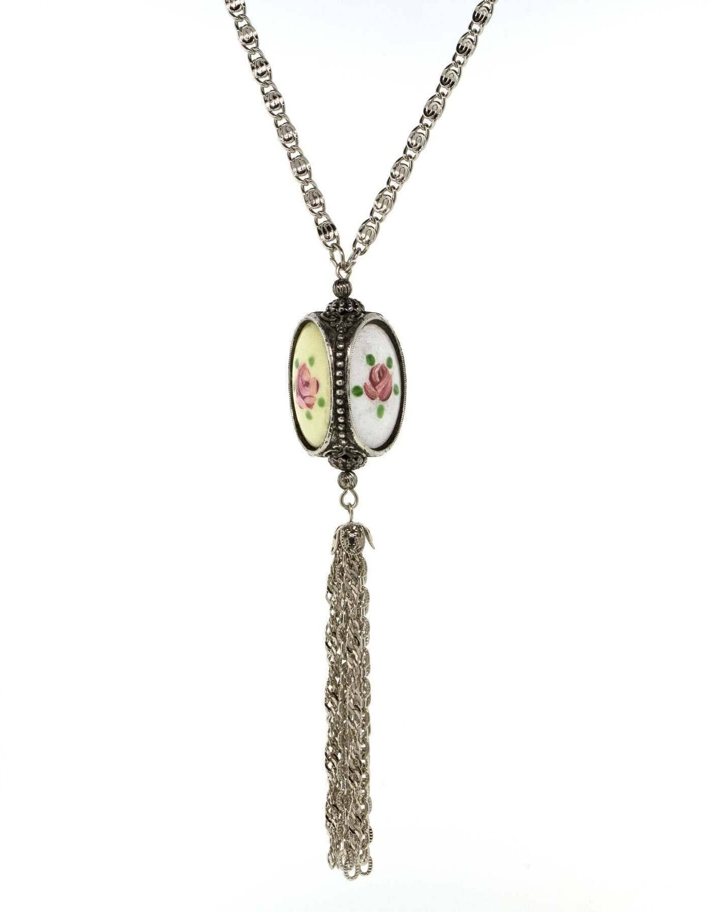 1928 Jewelry Pewter Costume Mother Of Pearl 3 Sided Spinner Tassel Necklace 30"