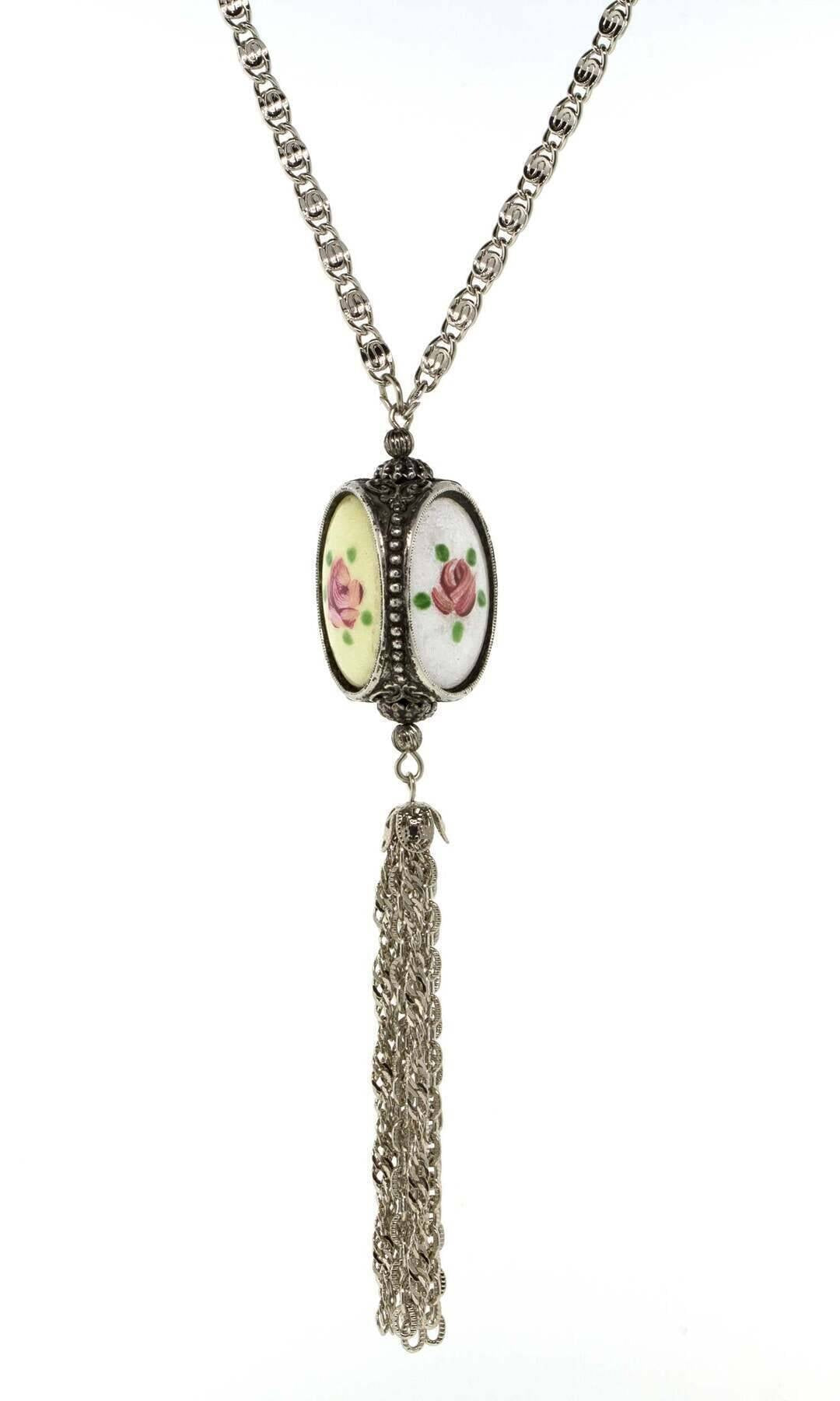 1928 Jewelry Pewter Costume Mother Of Pearl 3 Sided Spinner Tassel Necklace 30"