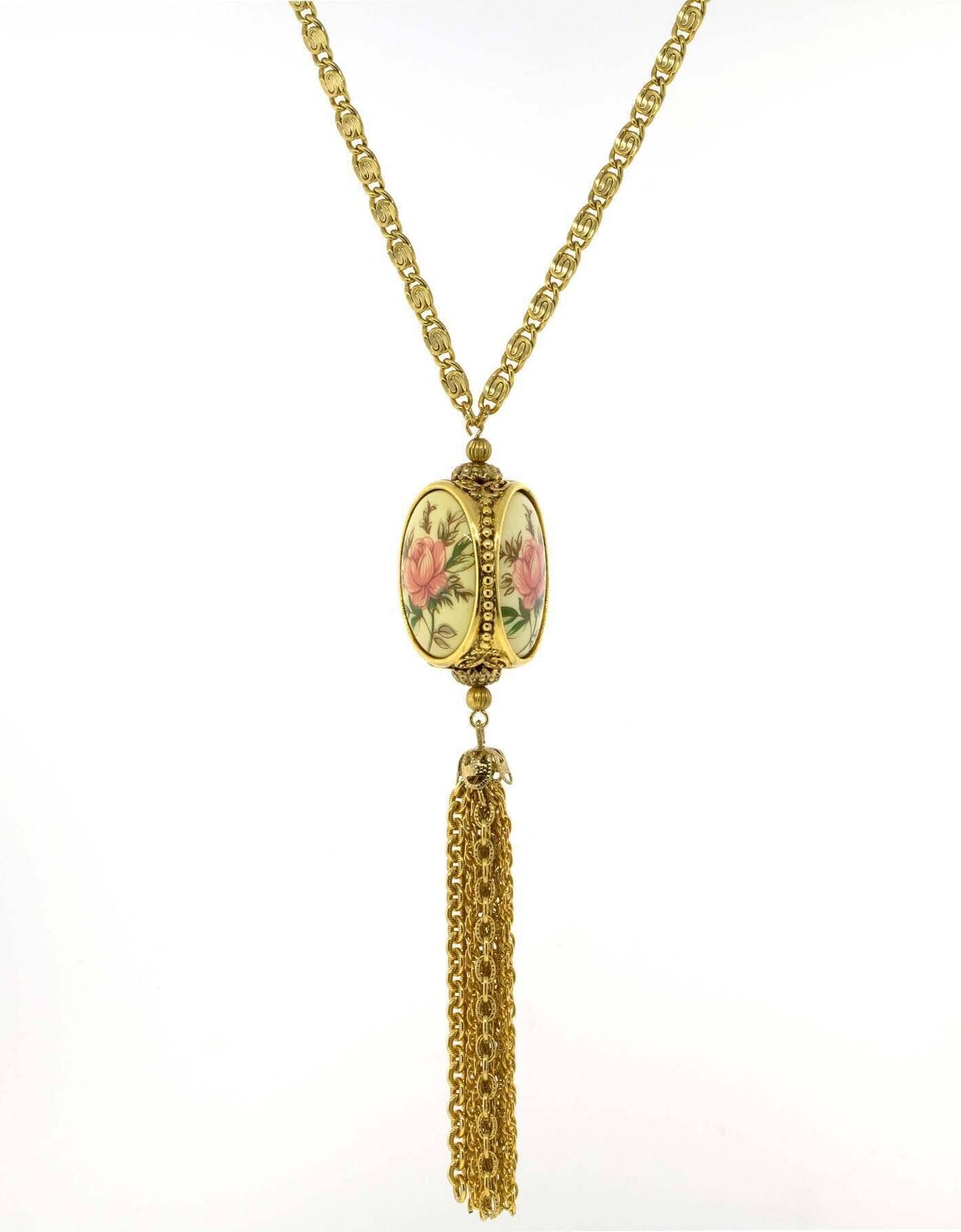 1928 Jewelry Pewter Costume Mother Of Pearl 3 Sided Spinner Tassel Necklace 30"