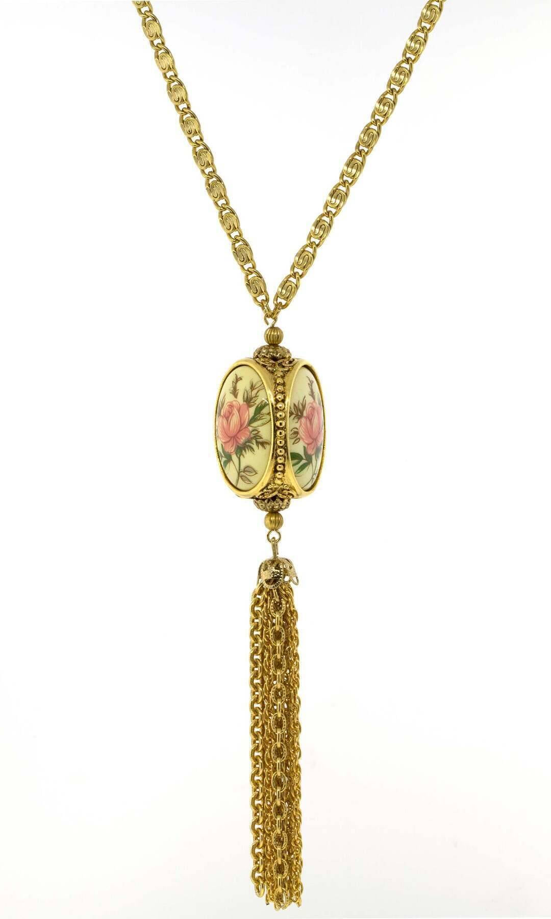 1928 Jewelry Pewter Costume Mother Of Pearl 3 Sided Spinner Tassel Necklace 30"