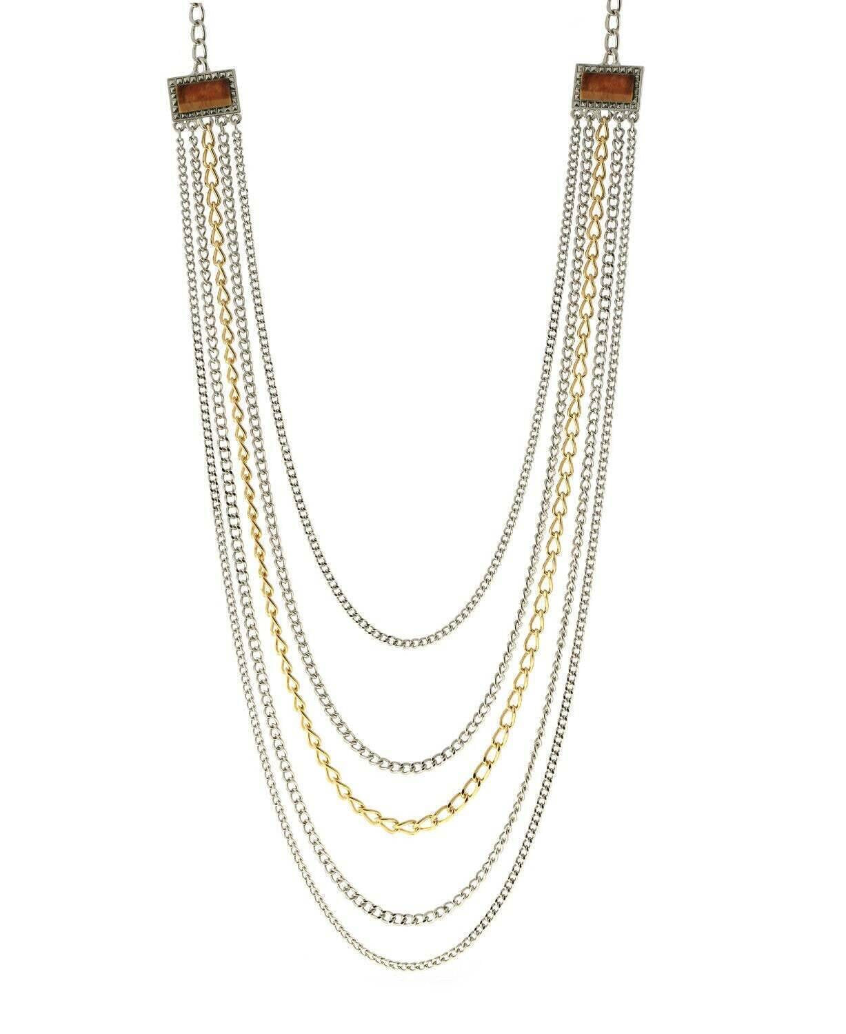 1928 Jewelry Two Tone Multi Chain Square Gemstone Necklace 32"