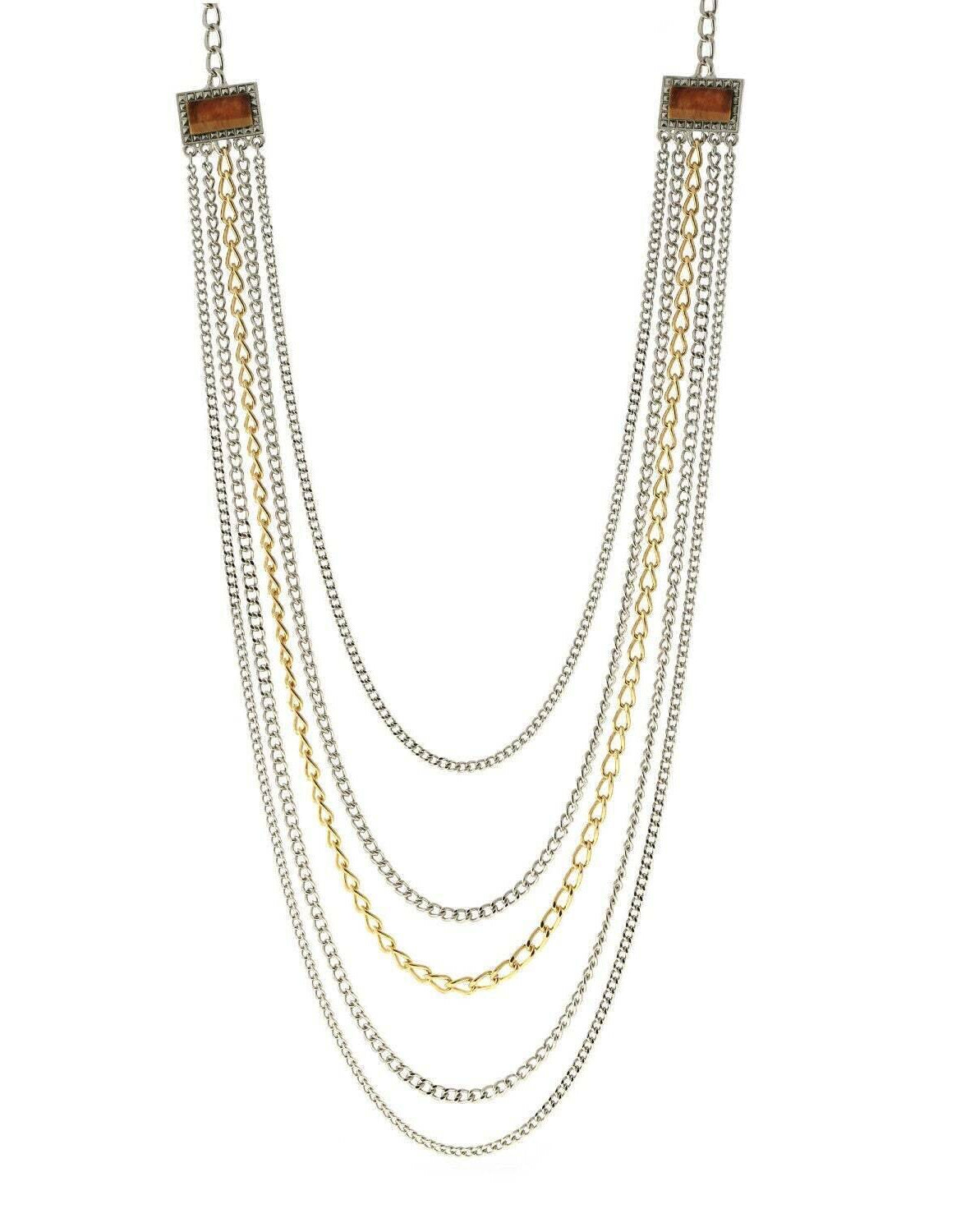 1928 Jewelry Two Tone Multi Chain Square Gemstone Necklace 32"