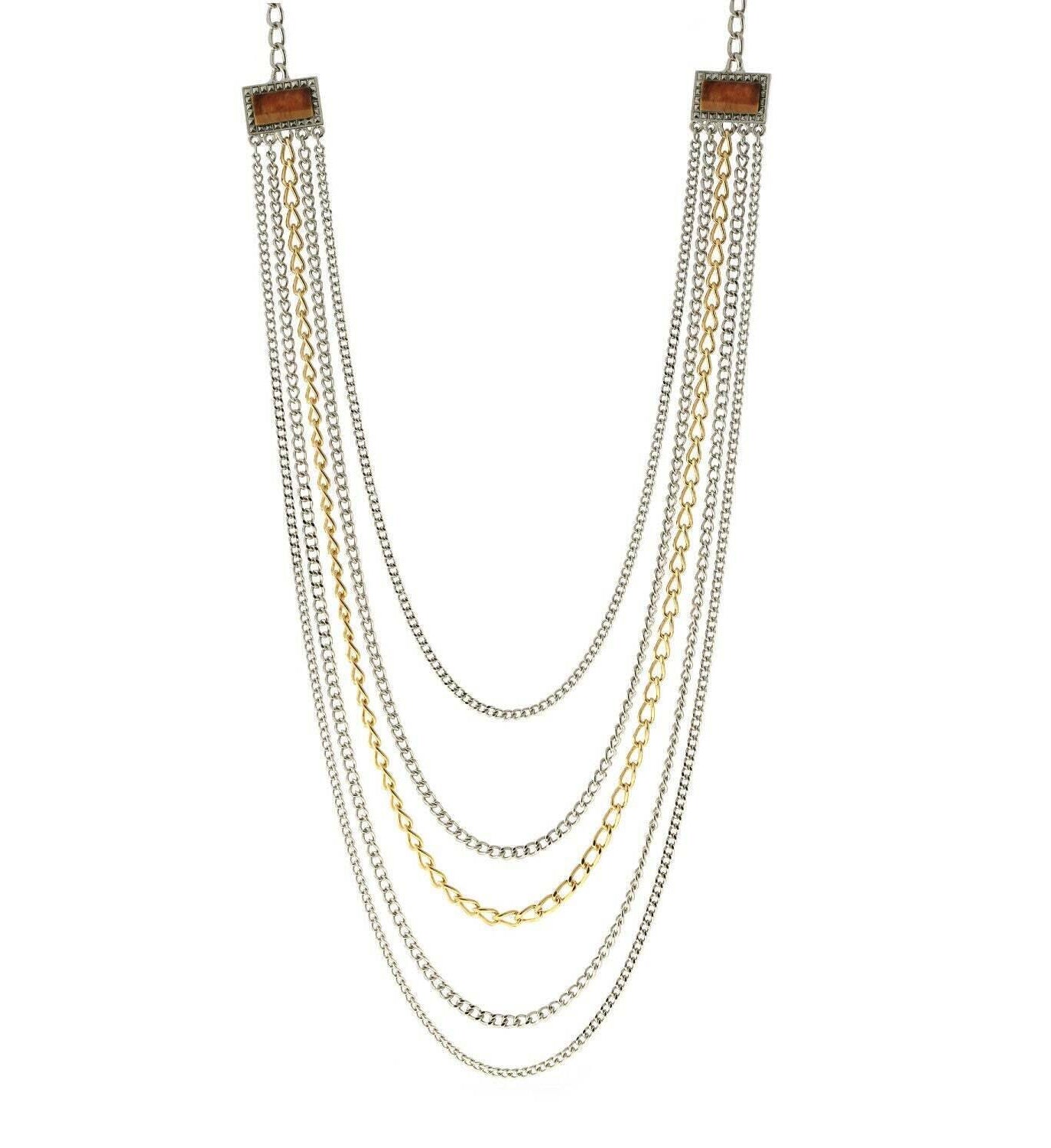 1928 Jewelry Two Tone Multi Chain Square Gemstone Necklace 32"
