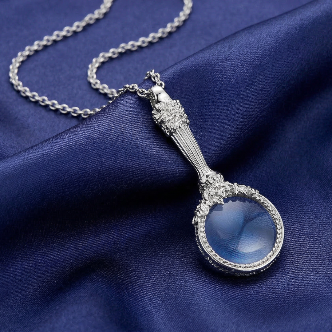 Silver necklace with a magnifying glass pendant on a blue fabric background