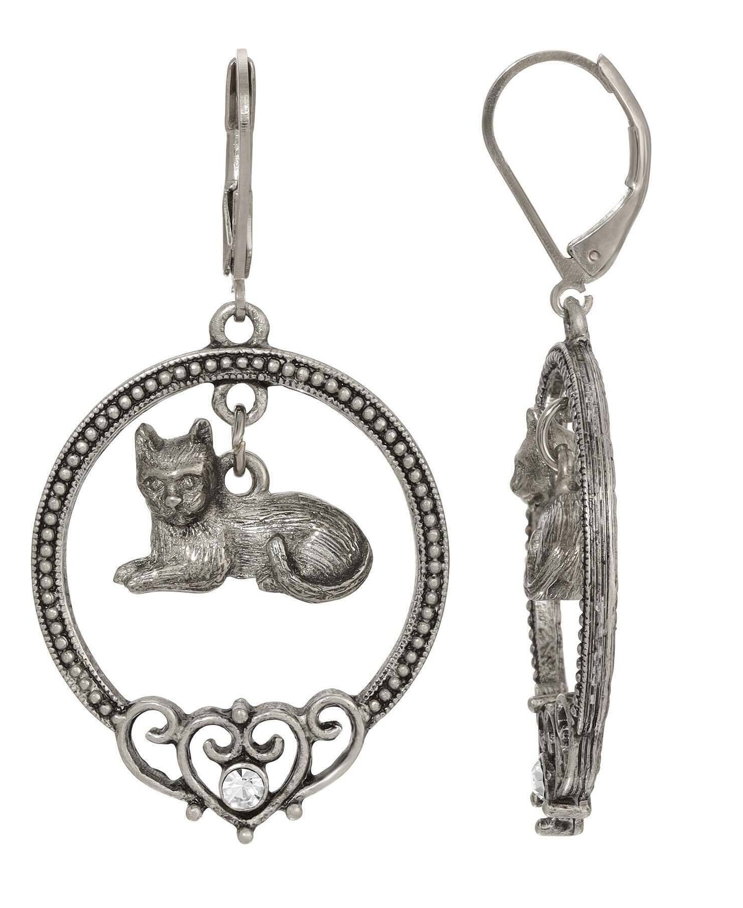 1928 Jewelry Filigree Heart & Crystal Cat Round Drop Earrings