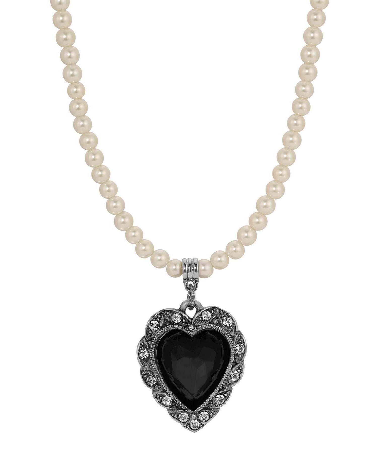 1928 Jewelry Antique Romance Faux Pearl Strand Heart Crystal Pendant Necklace 15" + 3" Extension