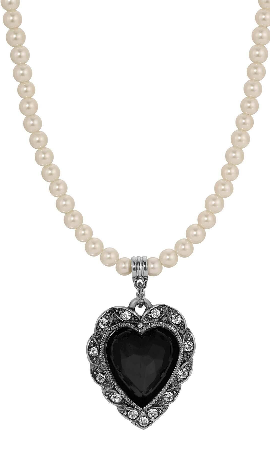 1928 Jewelry Antique Romance Faux Pearl Strand Heart Crystal Pendant Necklace 15" + 3" Extension