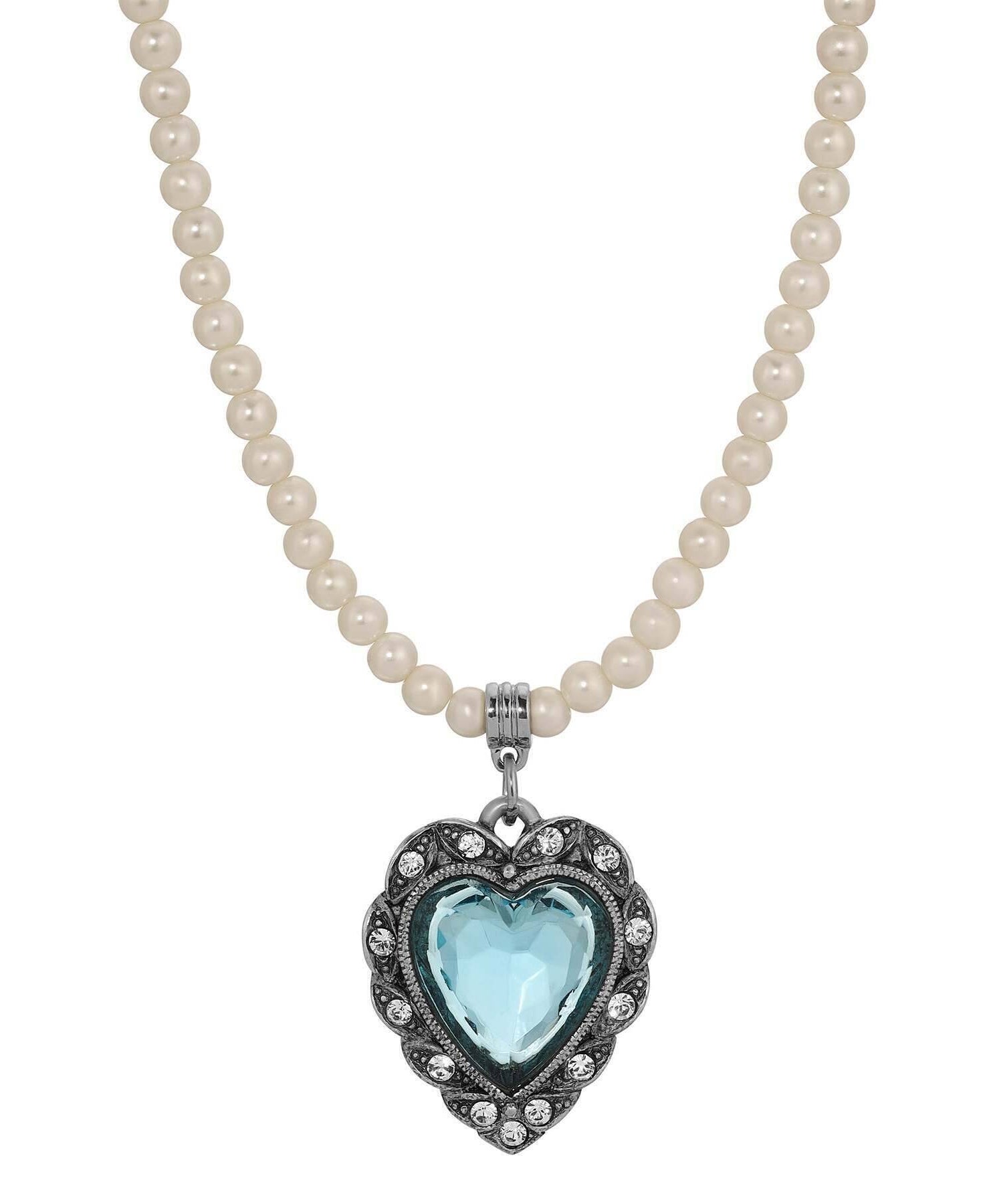 1928 Jewelry Antique Romance Faux Pearl Strand Heart Crystal Pendant Necklace 15" + 3" Extension