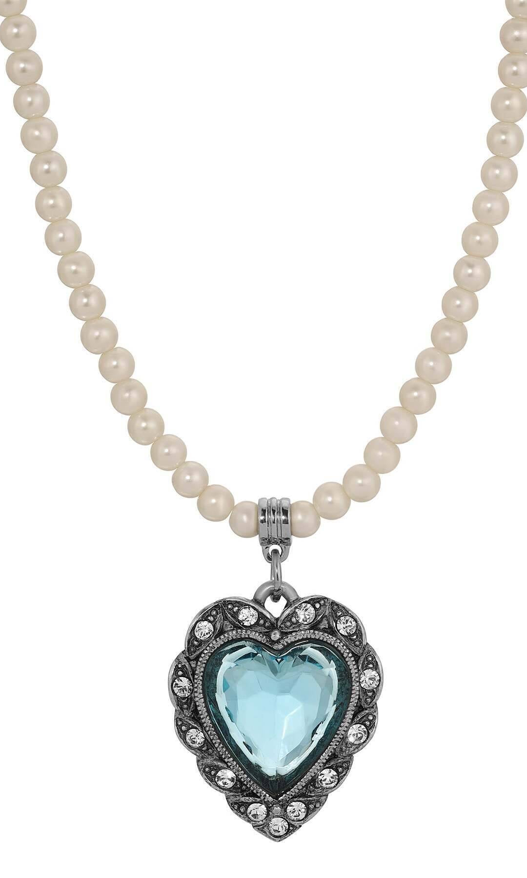 1928 Jewelry Antique Romance Faux Pearl Strand Heart Crystal Pendant Necklace 15" + 3" Extension