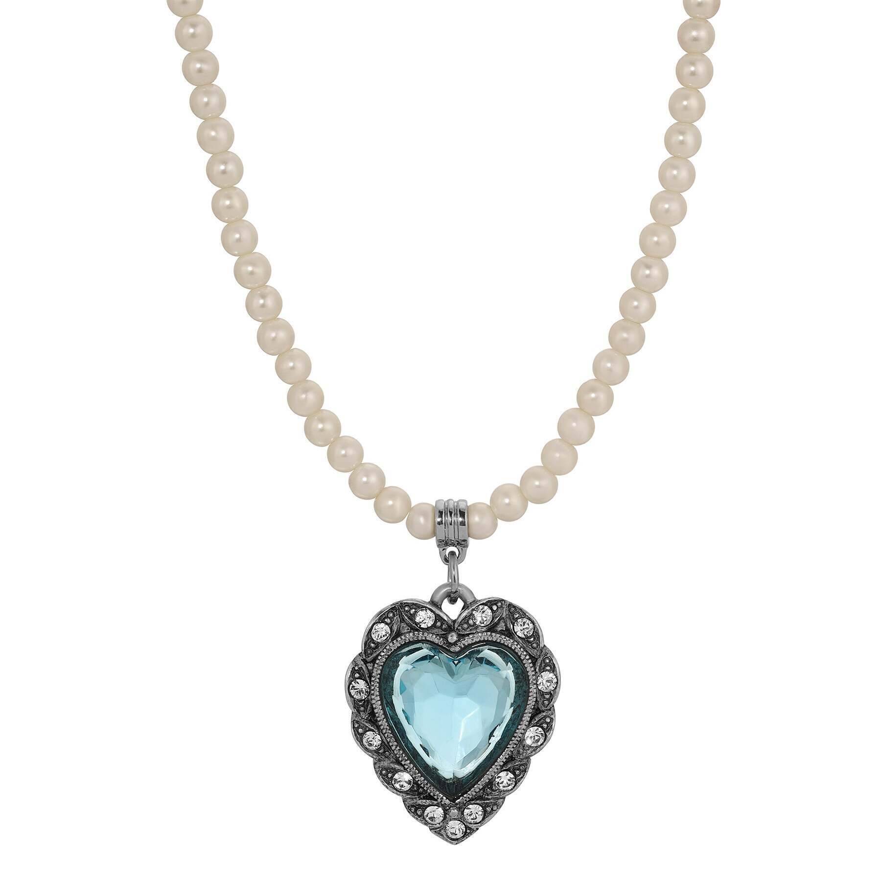 1928 Jewelry Antique Romance Faux Pearl Strand Heart Crystal Pendant Necklace 15" + 3" Extension