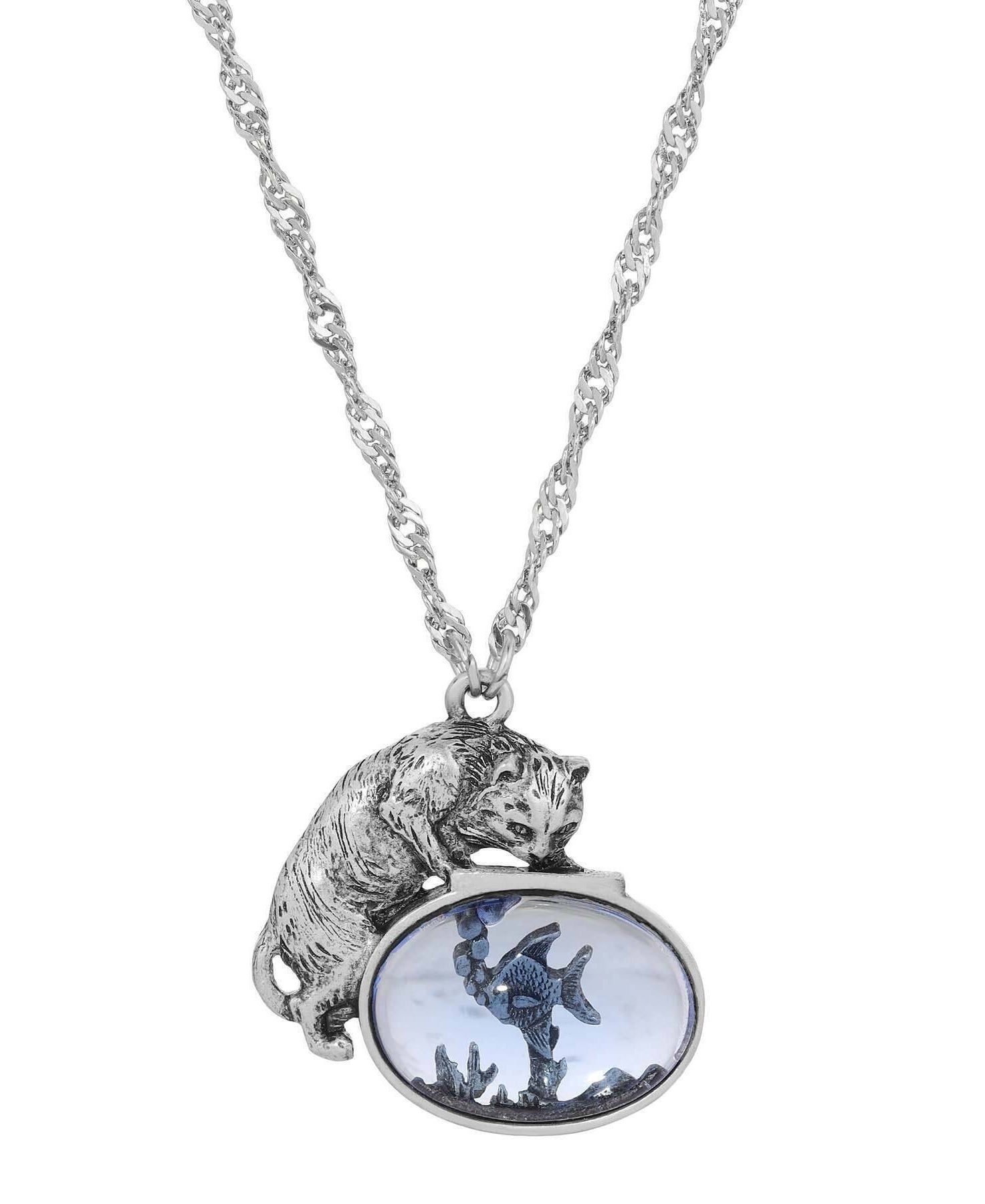 1928 Jewelry Whimsical Cat & Blue Fish Pendant Necklace 18"