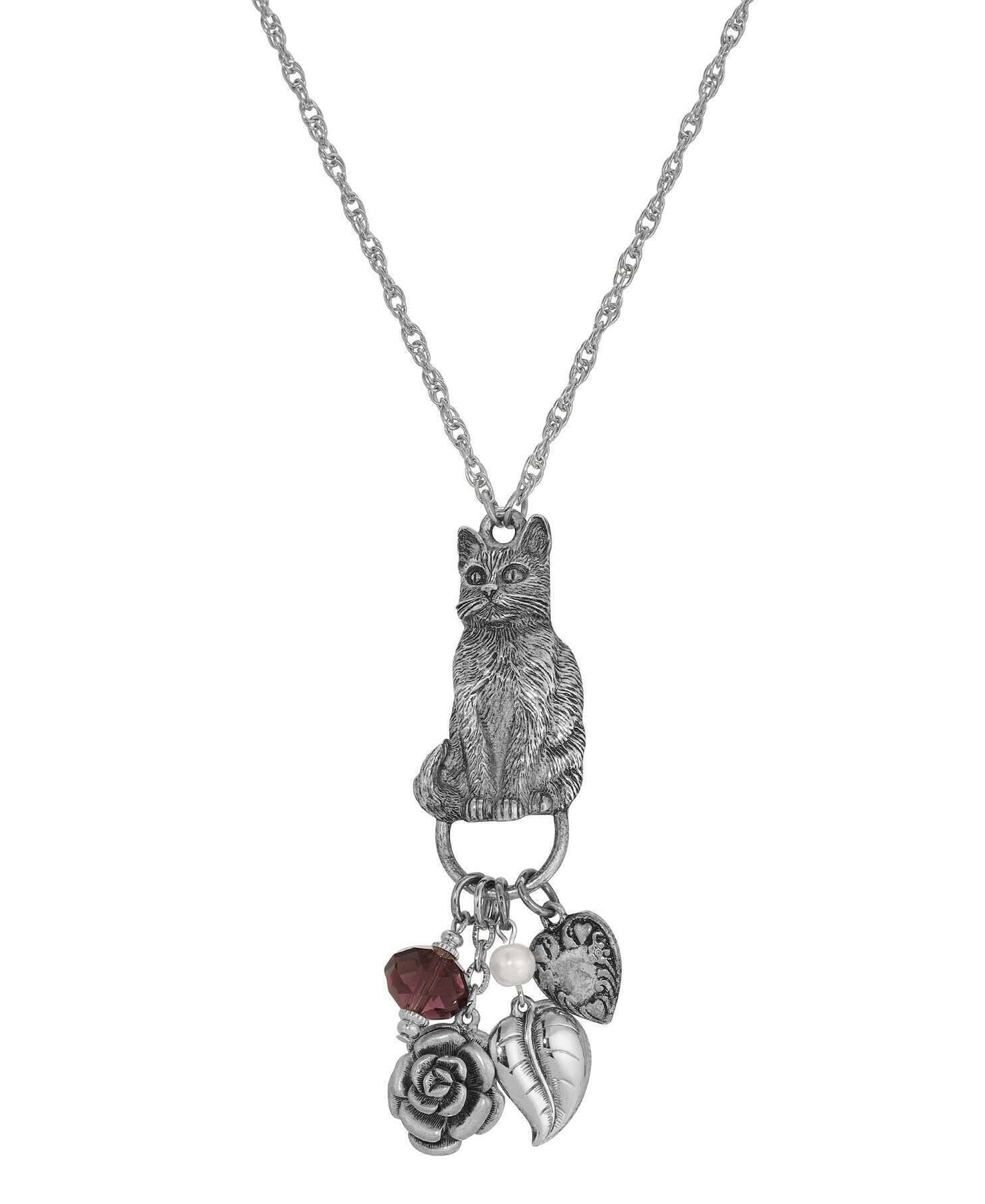 1928 Jewelry Sitting Cat Pendant & Charms Necklace 28"