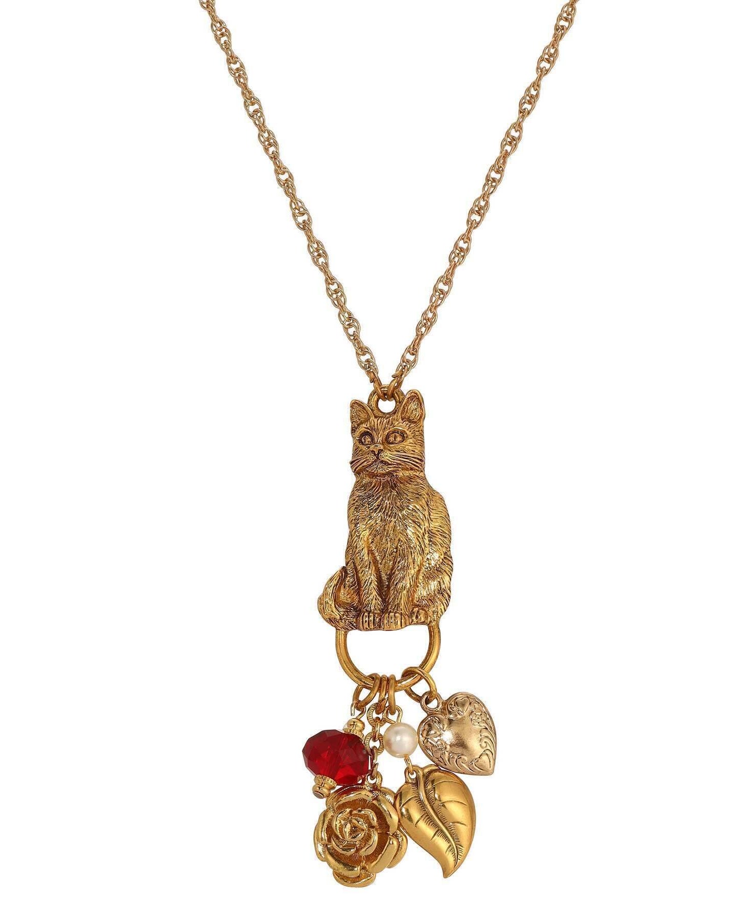 1928 Jewelry Sitting Cat Pendant & Charms Necklace 28"