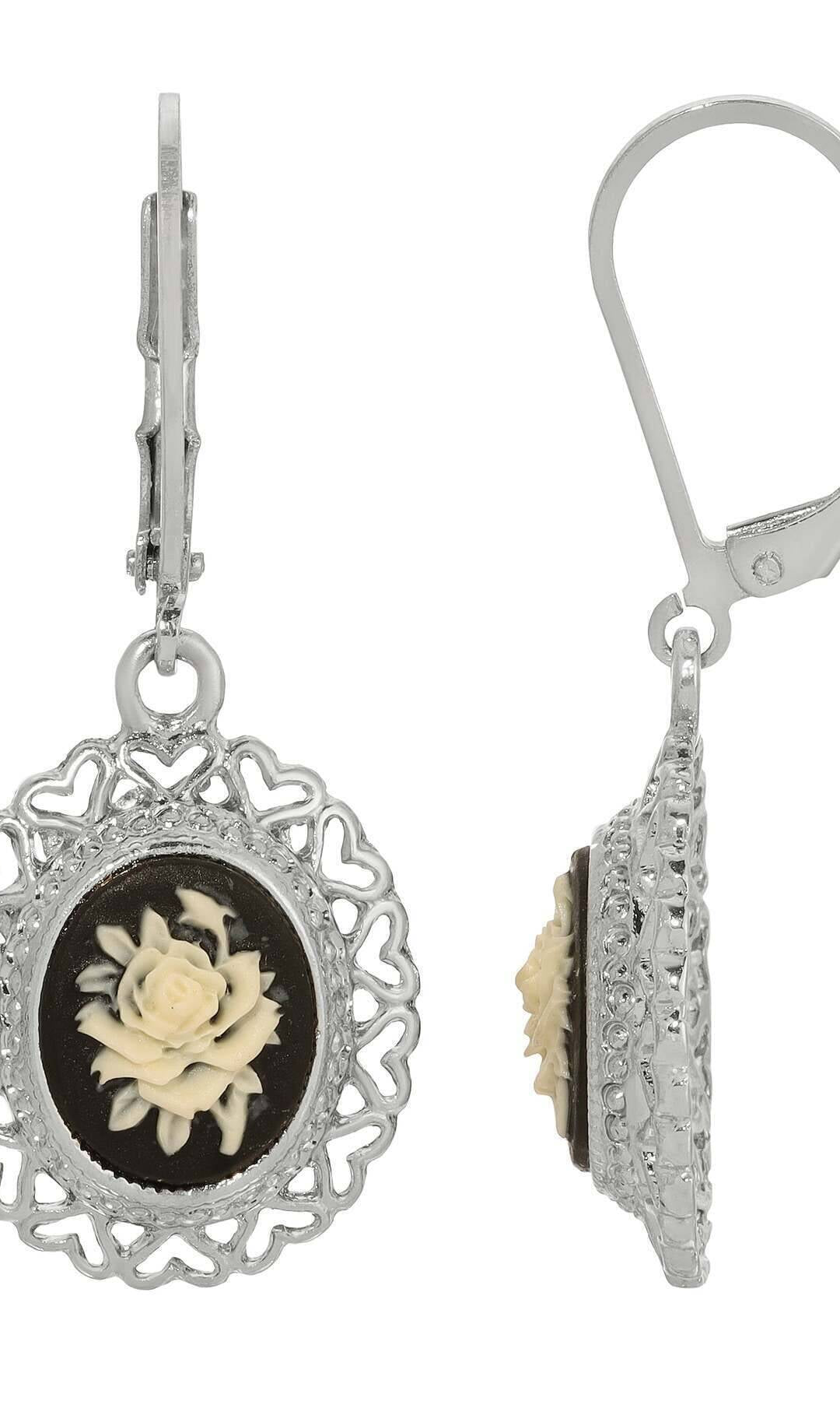 1928 Jewelry Black & Ivory Flower Cameo Heart Drop Earrings