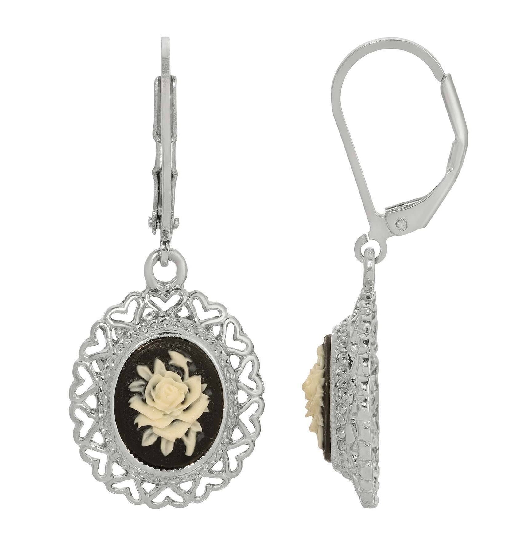 1928 Jewelry Black & Ivory Flower Cameo Heart Drop Earrings