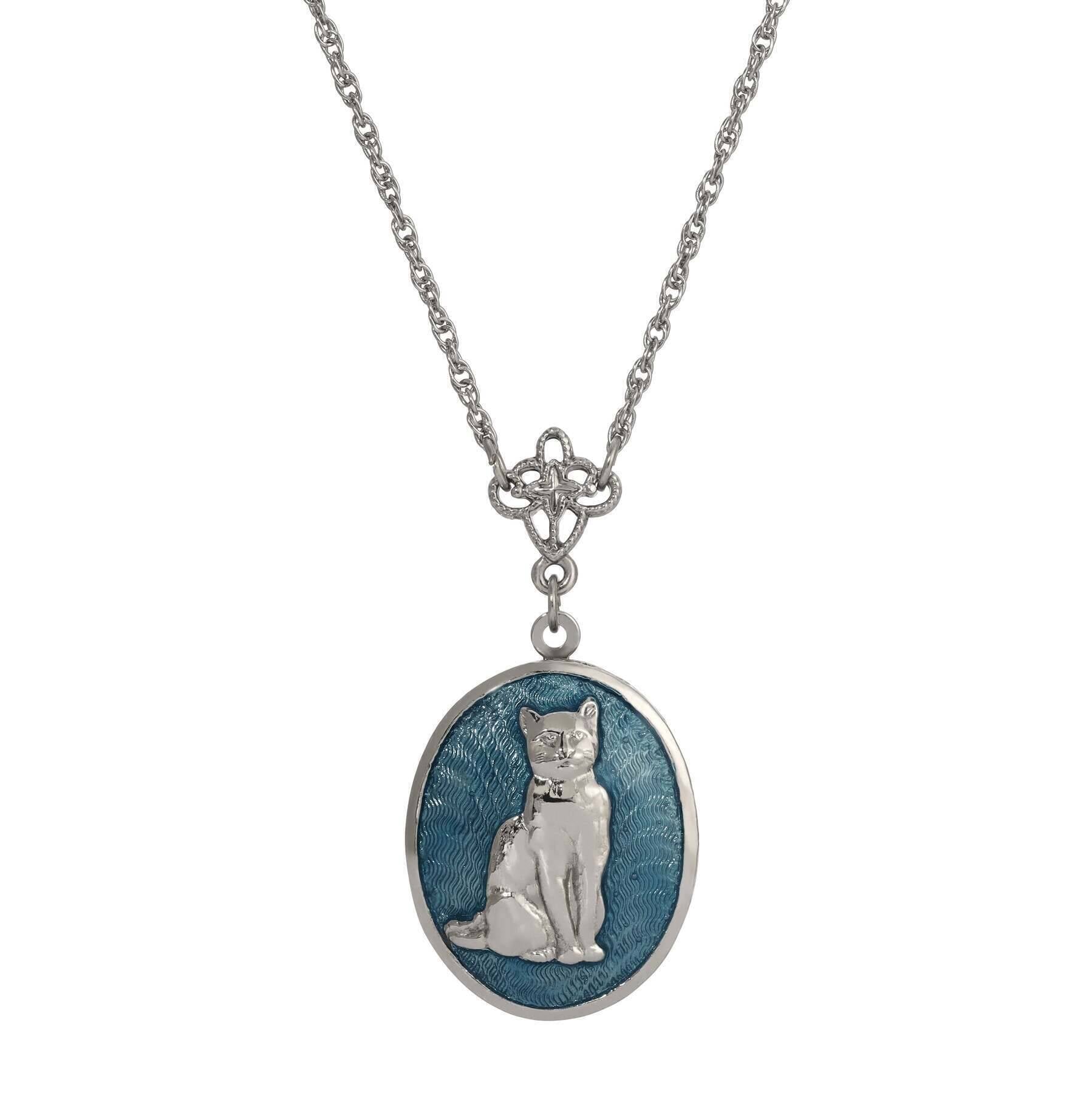 1928 Jewelry Sitting Cat Oval Enamel Locket Necklace 24"