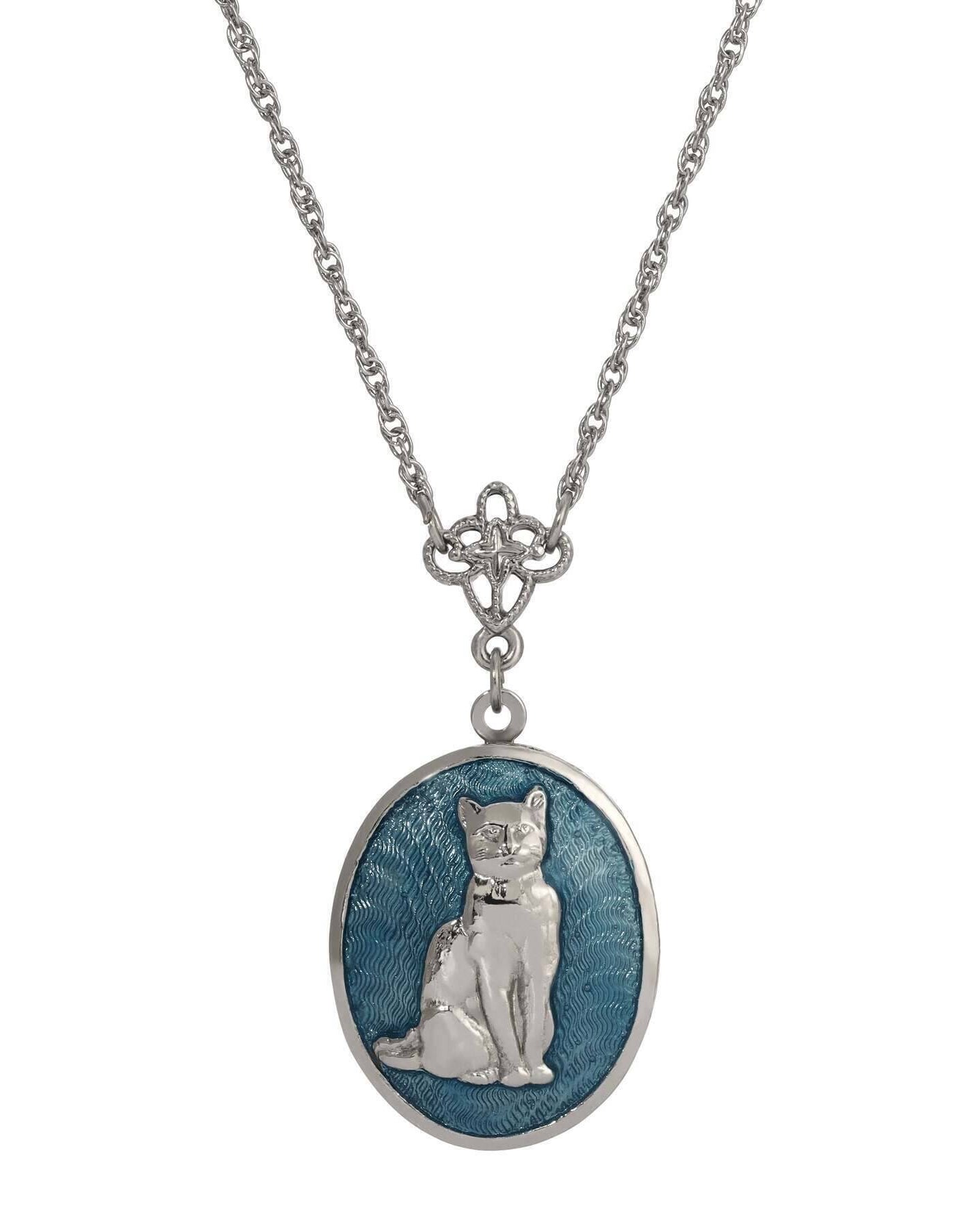 1928 Jewelry Sitting Cat Oval Enamel Locket Necklace 24"