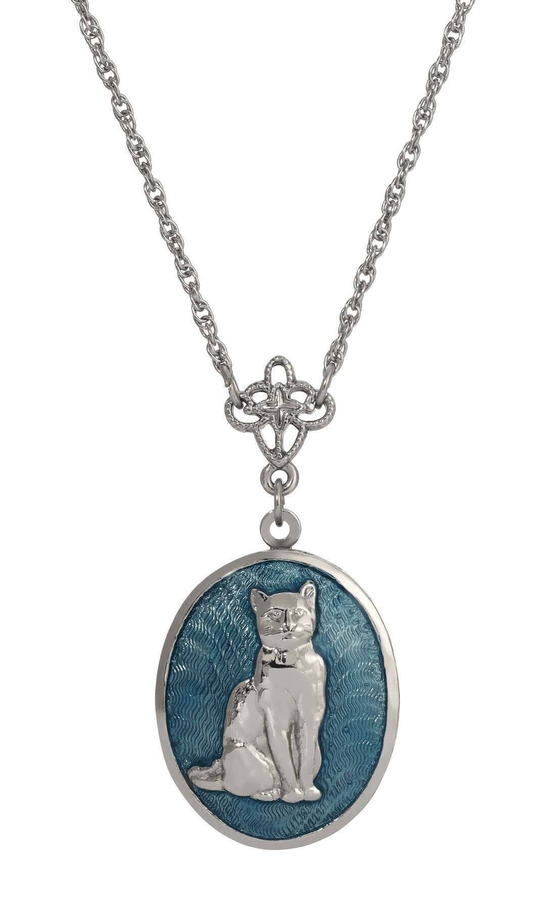 1928 Jewelry Sitting Cat Oval Enamel Locket Necklace 24"