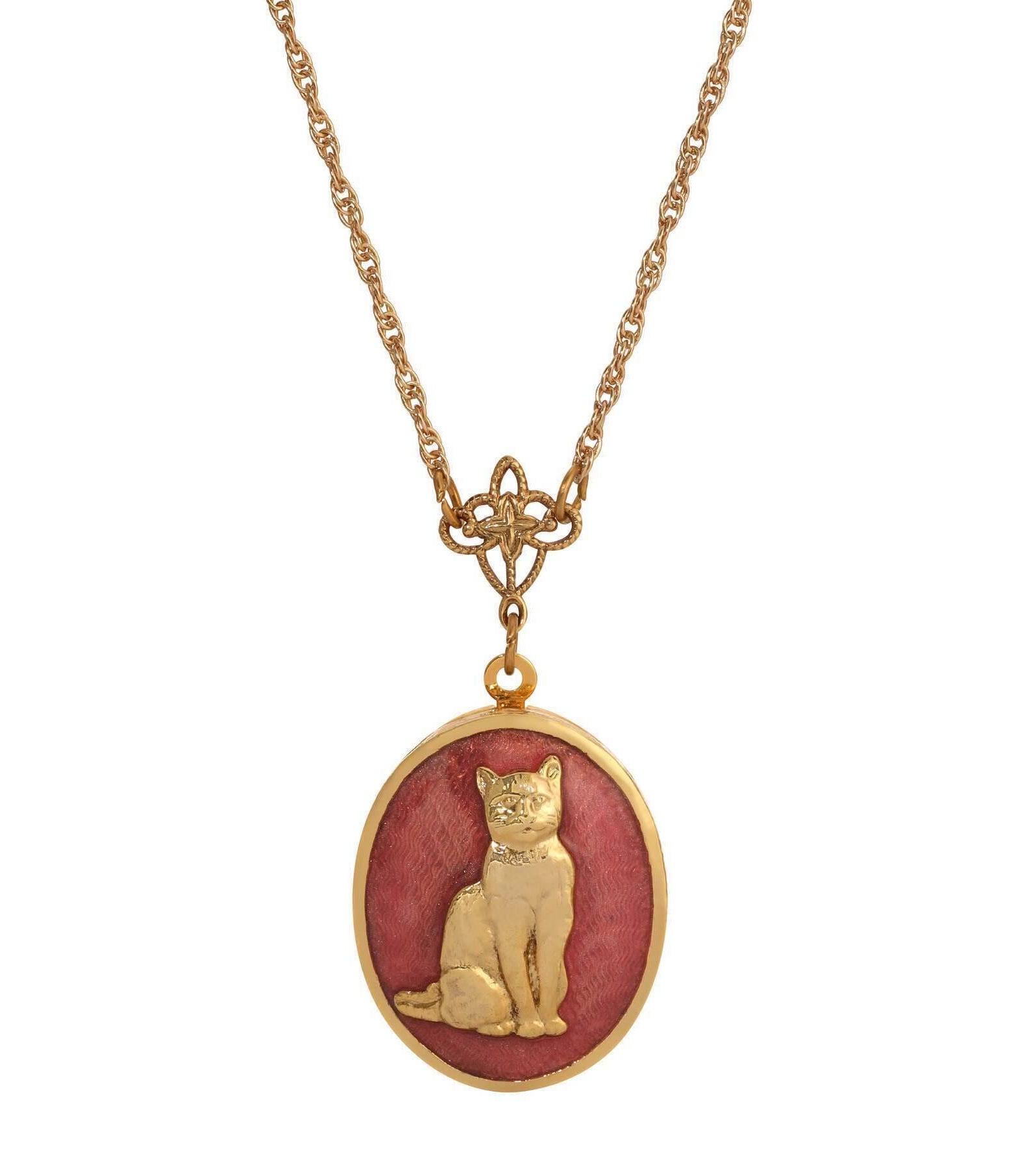 1928 Jewelry Sitting Cat Oval Enamel Locket Necklace 24"