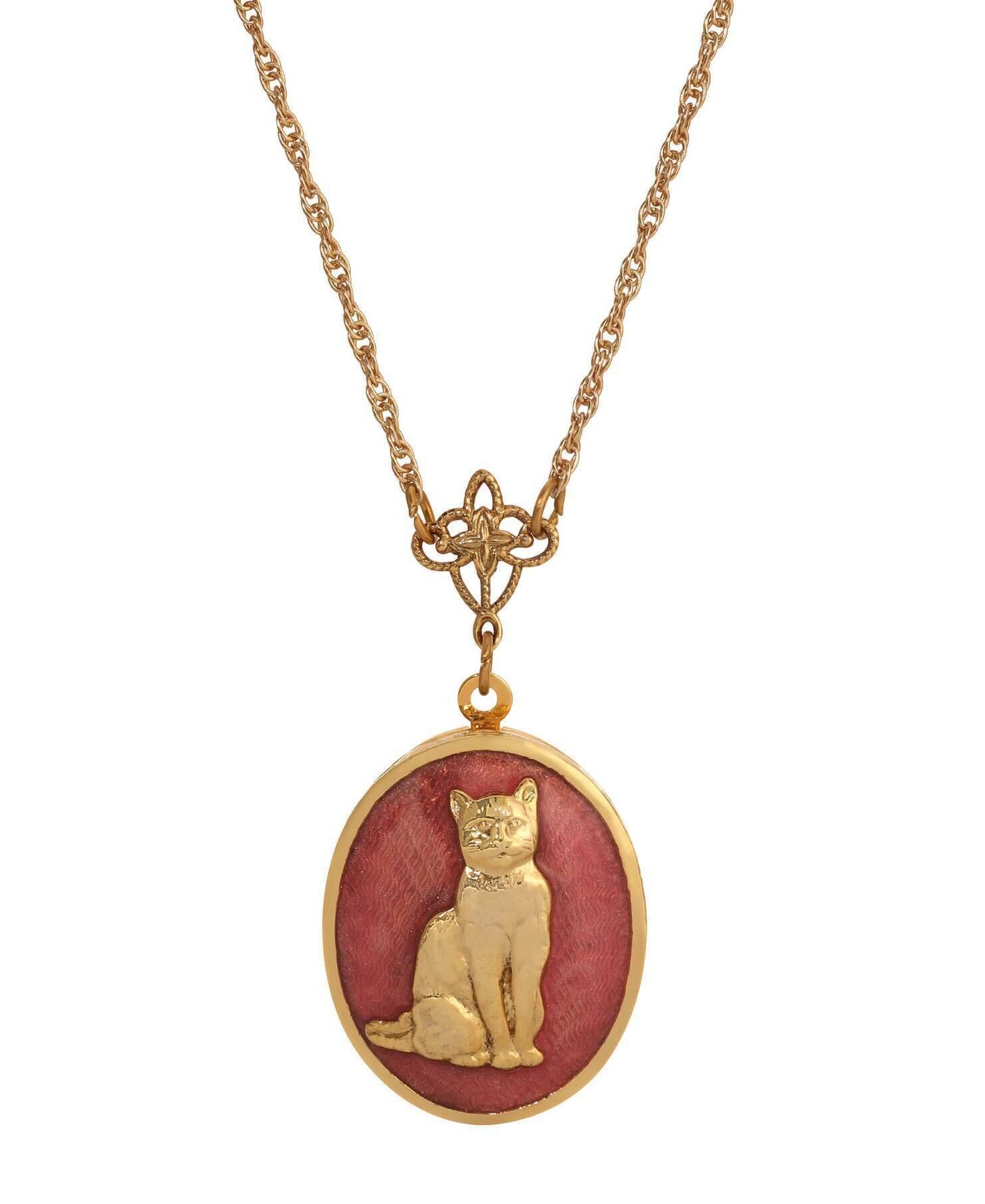 1928 Jewelry Sitting Cat Oval Enamel Locket Necklace 24"