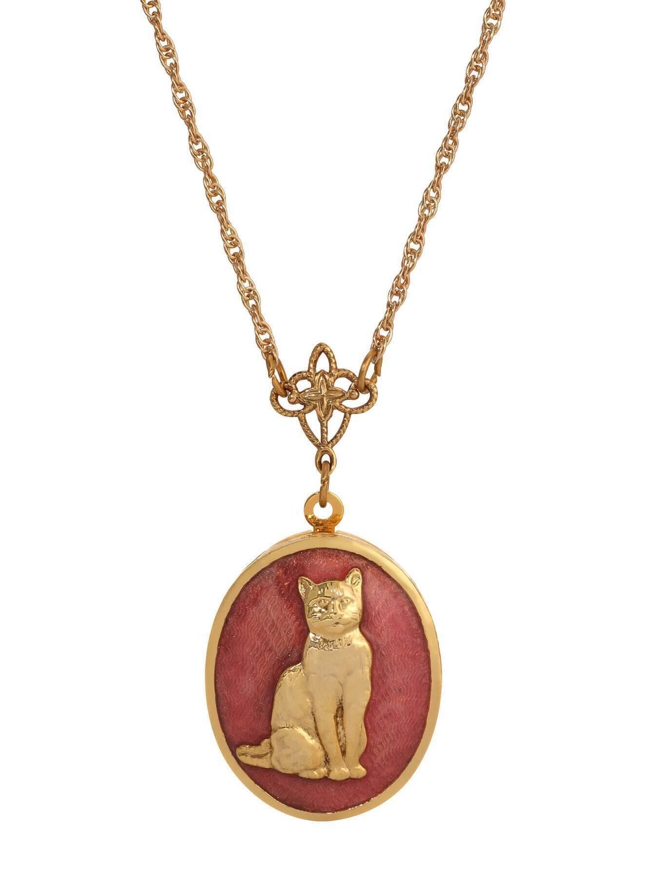 1928 Jewelry Sitting Cat Oval Enamel Locket Necklace 24"