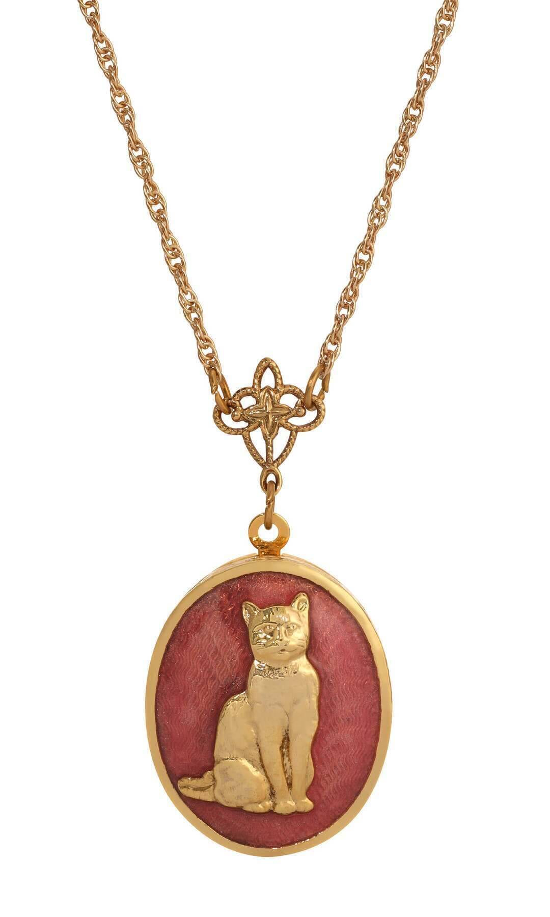 1928 Jewelry Sitting Cat Oval Enamel Locket Necklace 24"